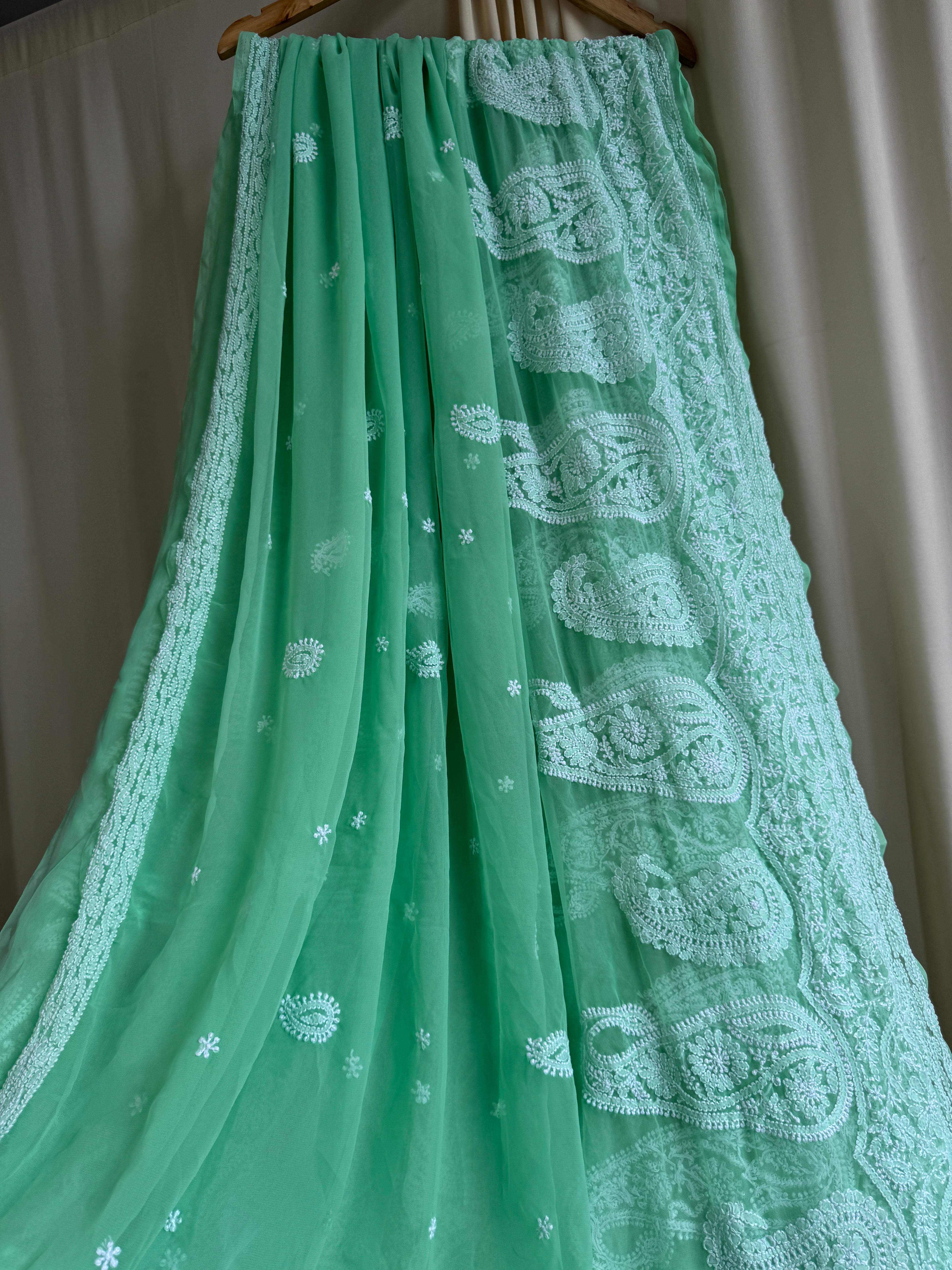 Georgette Chikankari saree in Green ARIAA CHIKANKARI