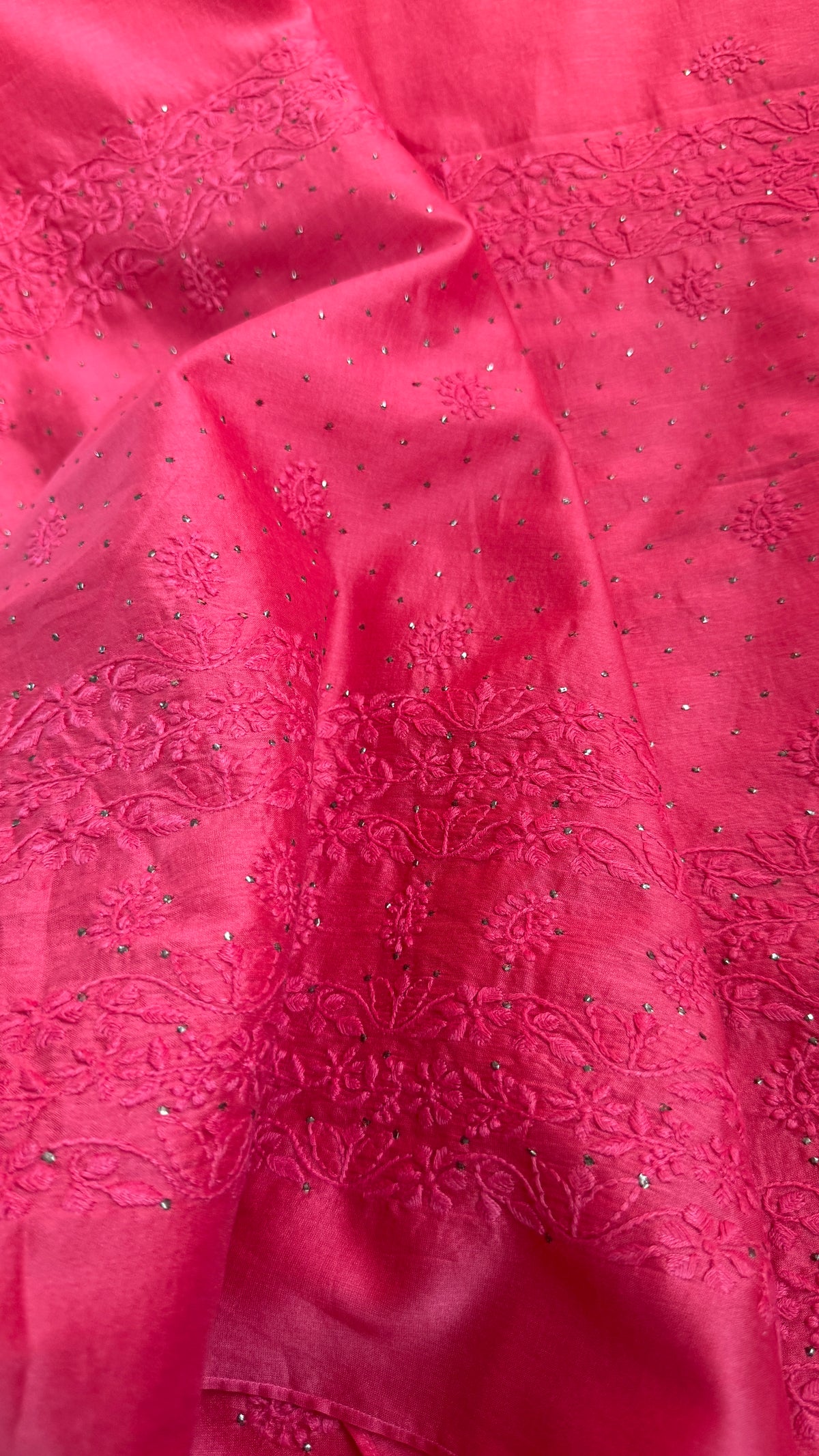 Pure Chanderi Chikankari saree in Carrot Red