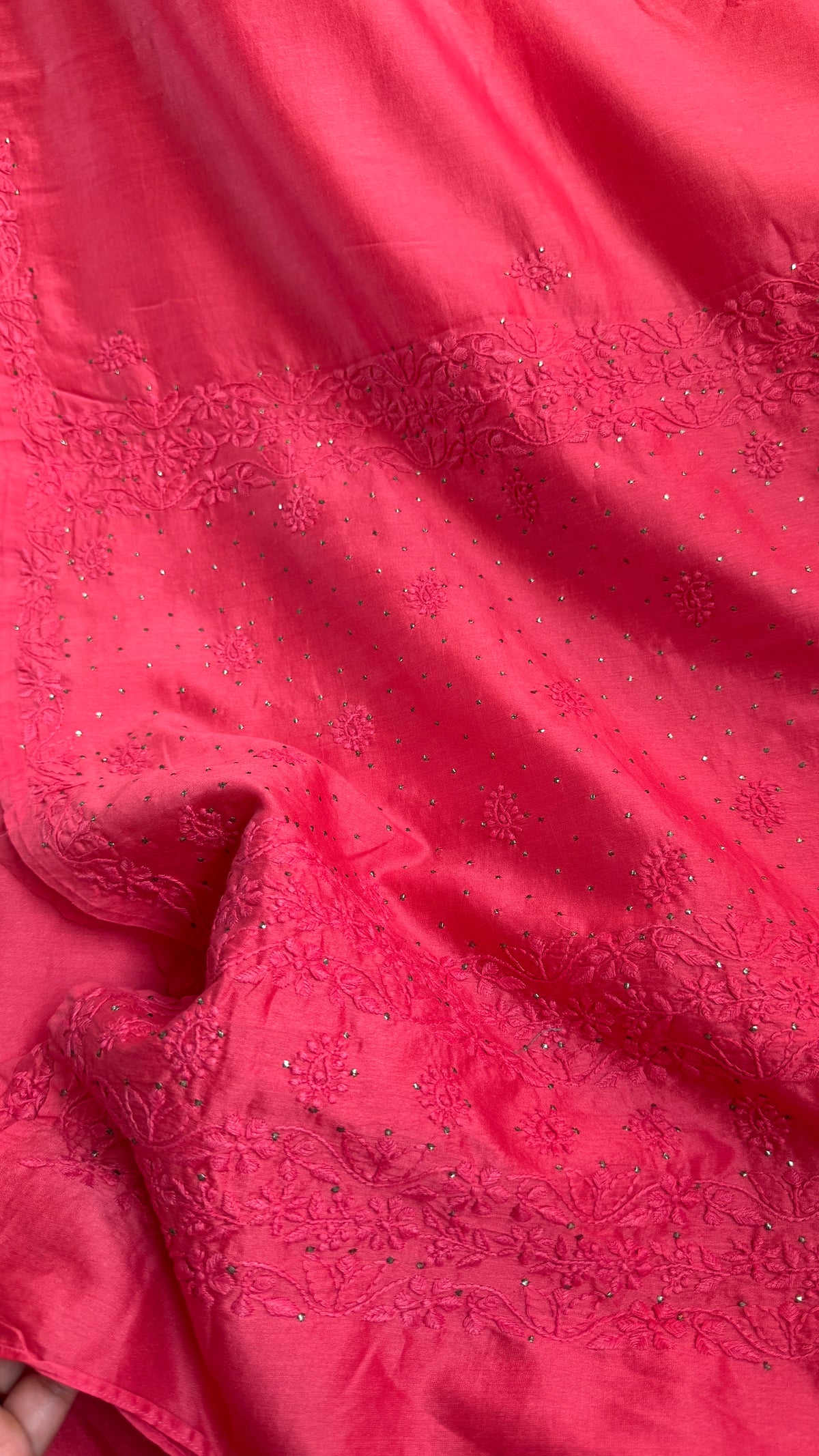 Pure Chanderi Chikankari saree in Carrot Red