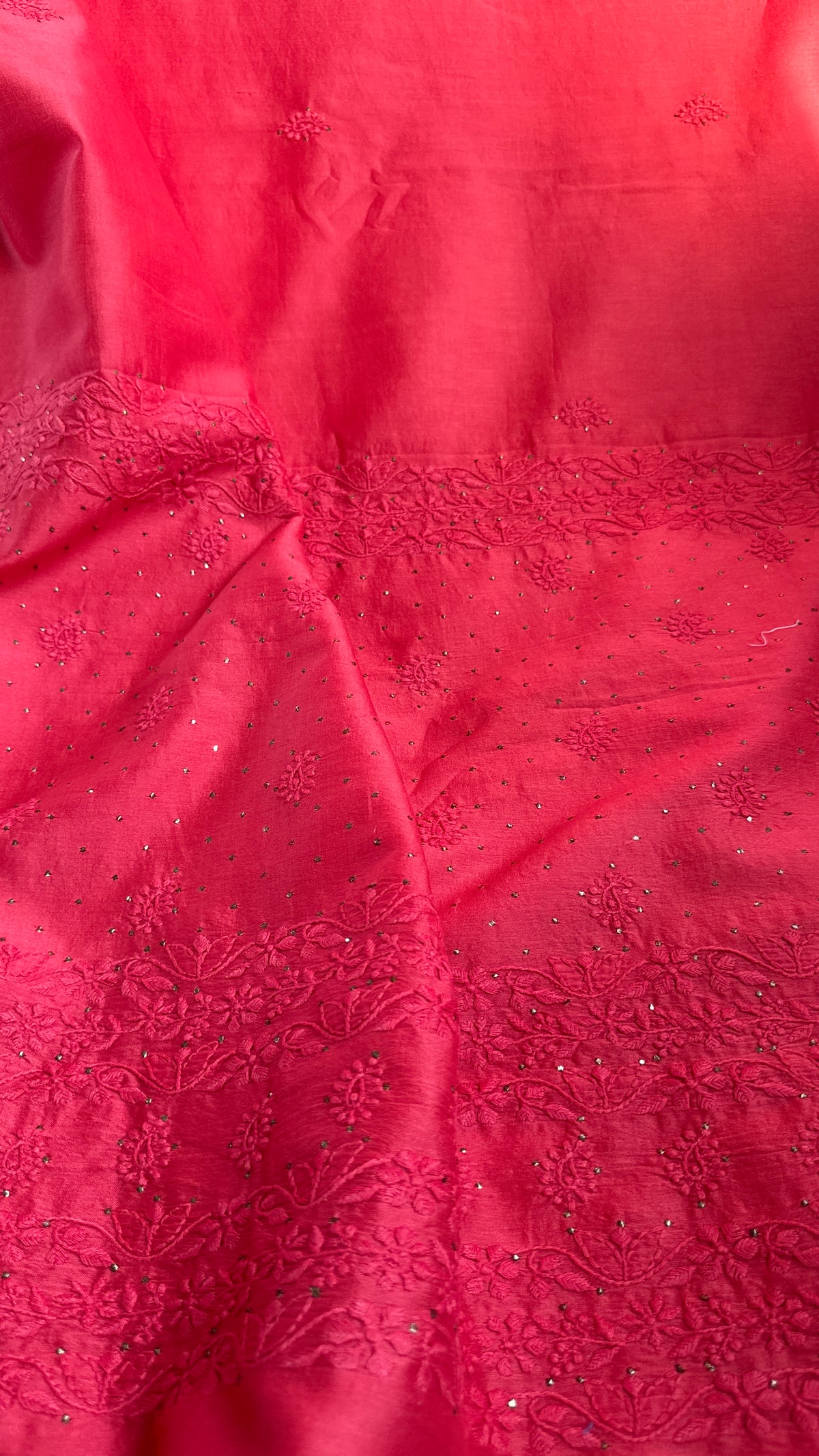 Pure Chanderi Chikankari saree in Carrot Red