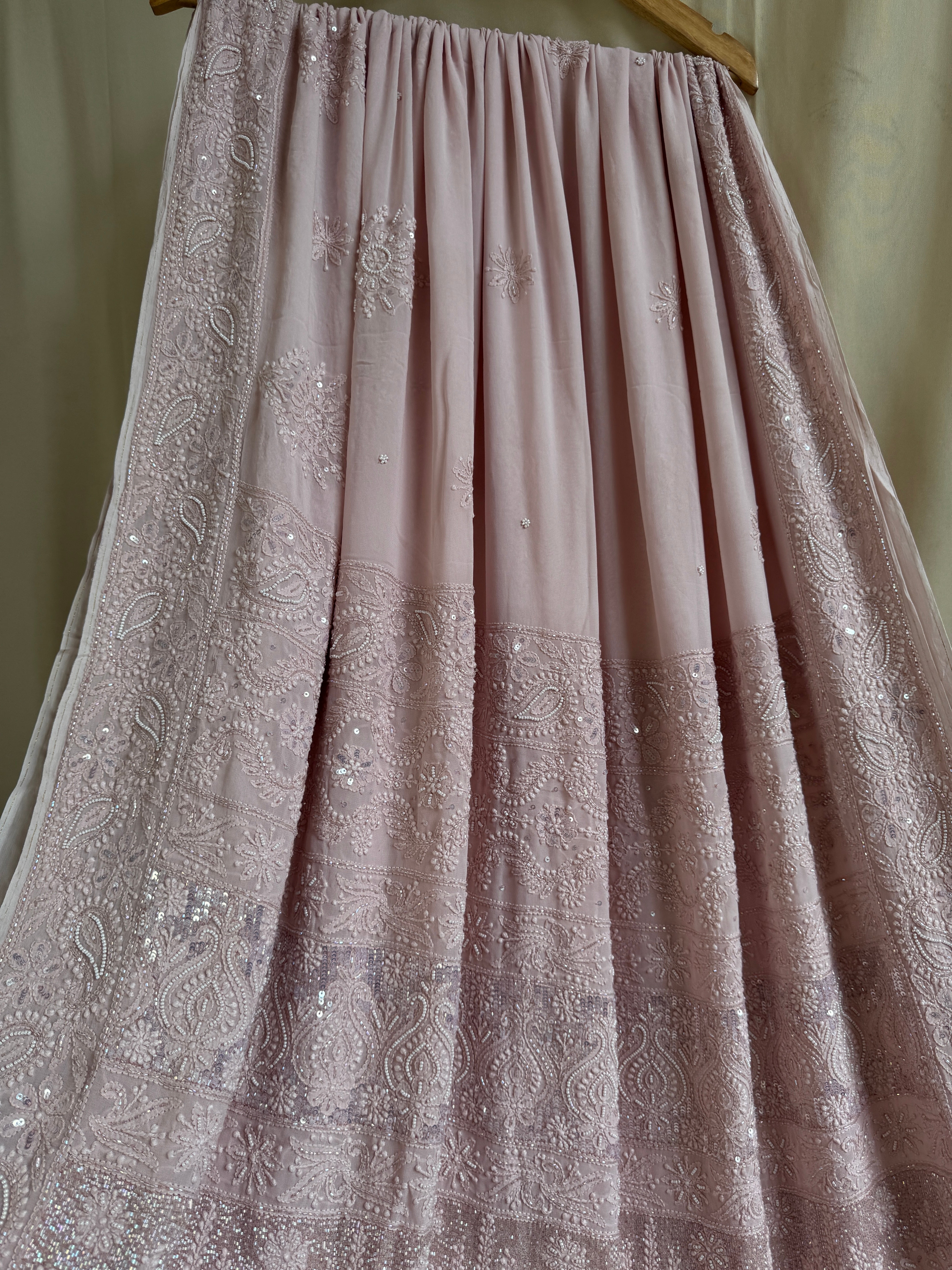 Viscose Rose Pink Chikankari saree with Pearl embellishments ARIAA CHIKANKARI