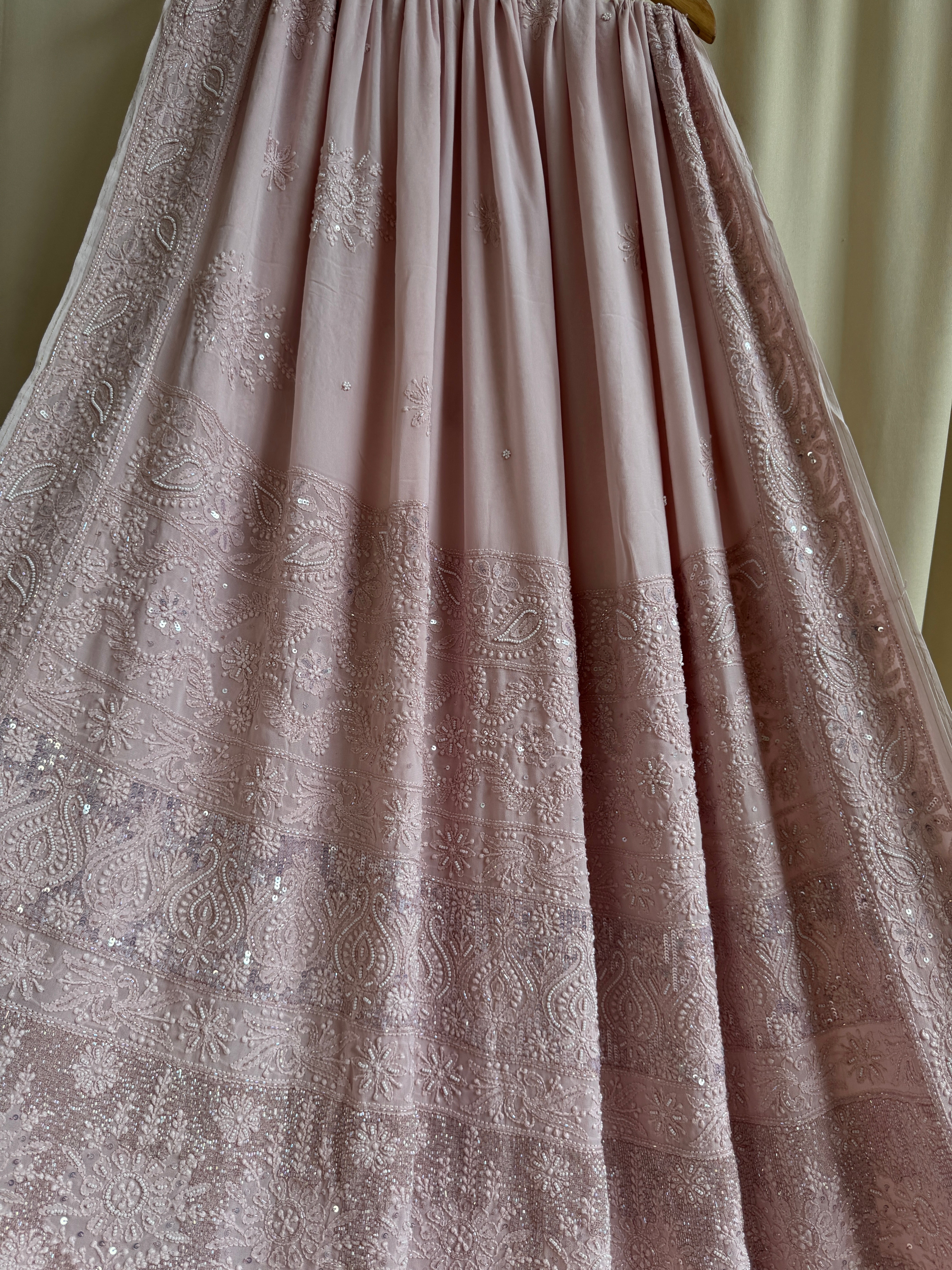 Viscose Rose Pink Chikankari saree with Pearl embellishments ARIAA CHIKANKARI