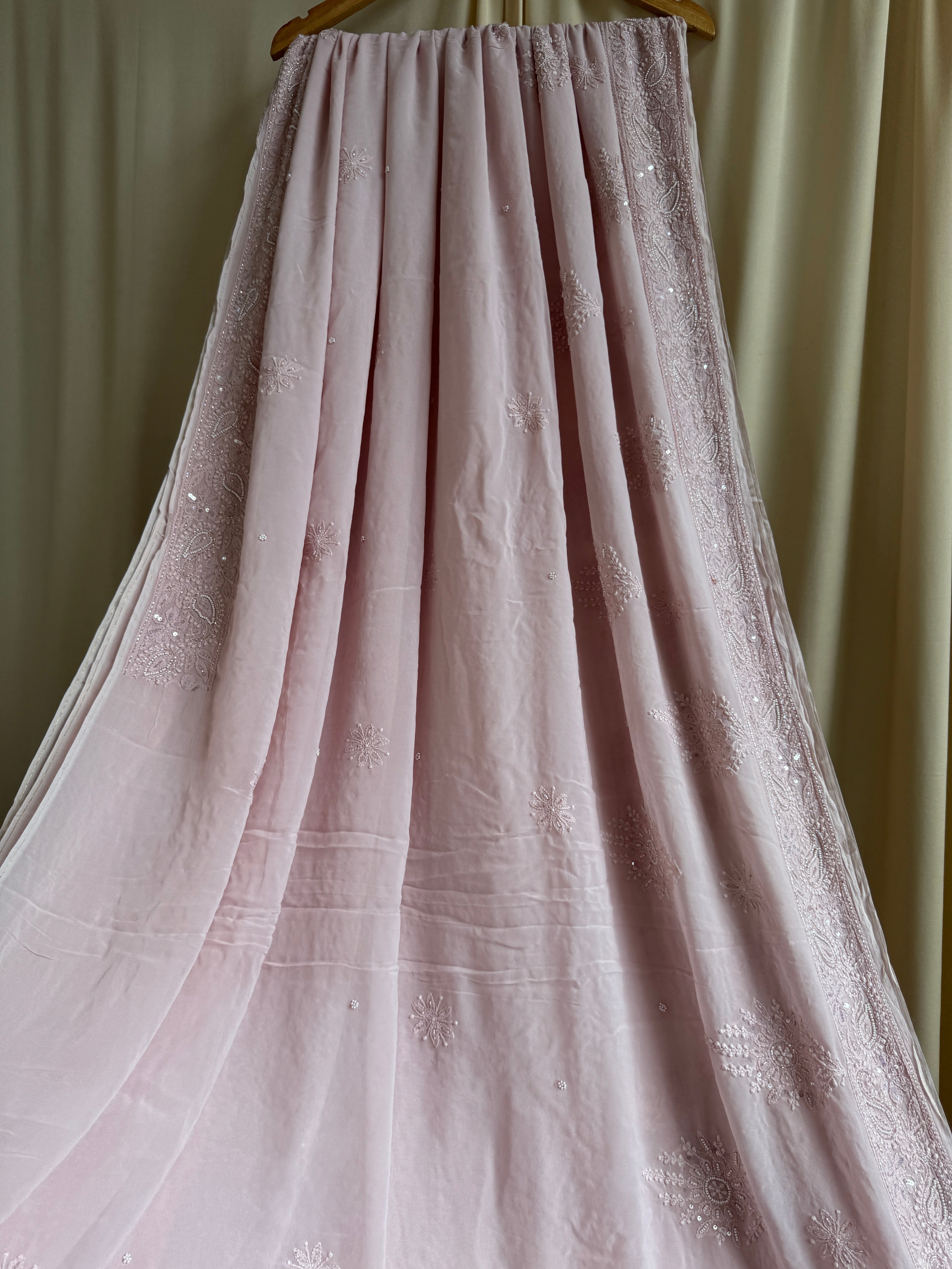Viscose Rose Pink Chikankari saree with Pearl embellishments ARIAA CHIKANKARI