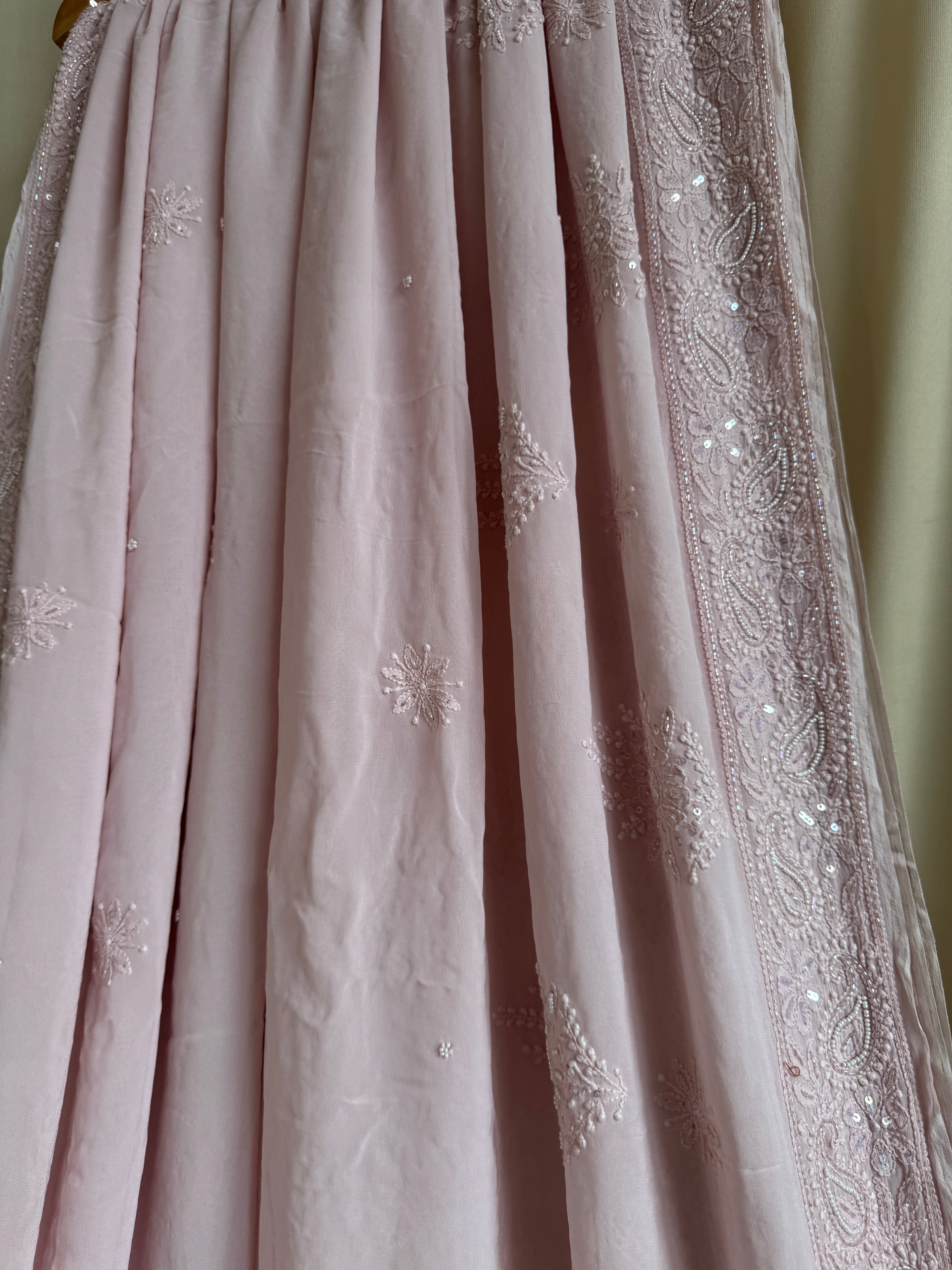 Viscose Rose Pink Chikankari saree with Pearl embellishments ARIAA CHIKANKARI