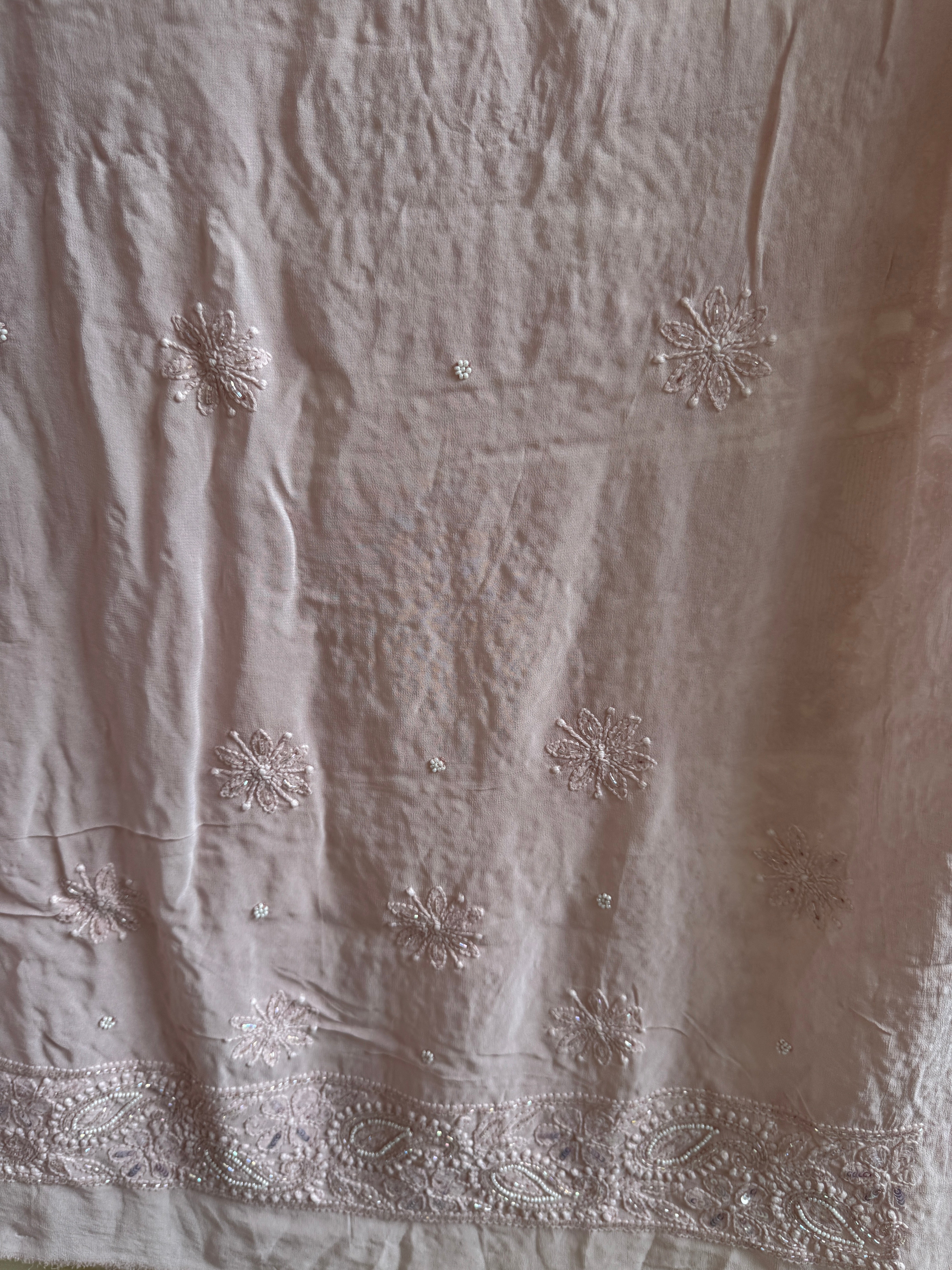 Viscose Rose Pink Chikankari saree with Pearl embellishments ARIAA CHIKANKARI