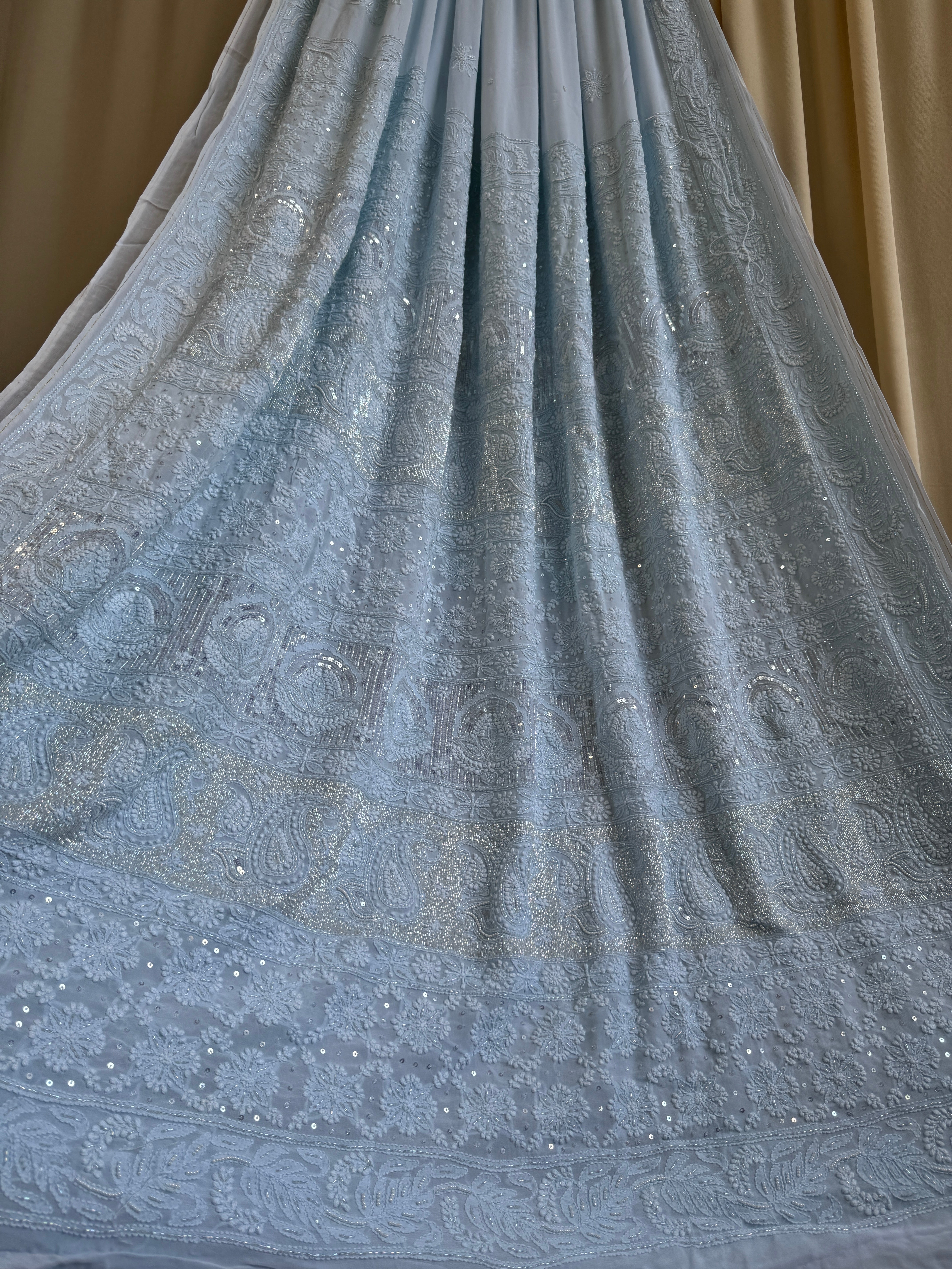 Viscose Baby Blue Chikankari saree with Pearl embellishments ARIAA CHIKANKARI