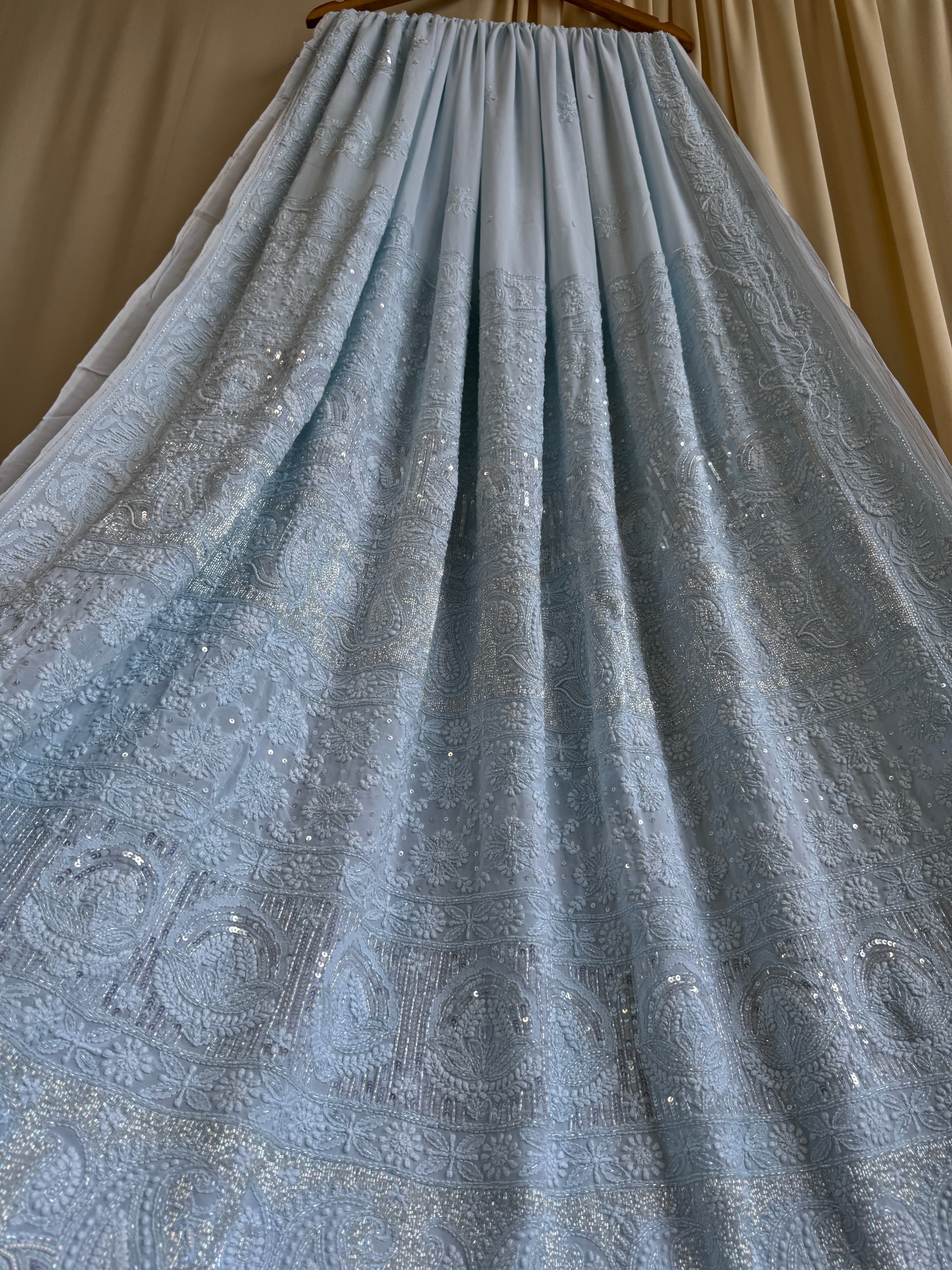 Viscose Baby Blue Chikankari saree with Pearl embellishments ARIAA CHIKANKARI