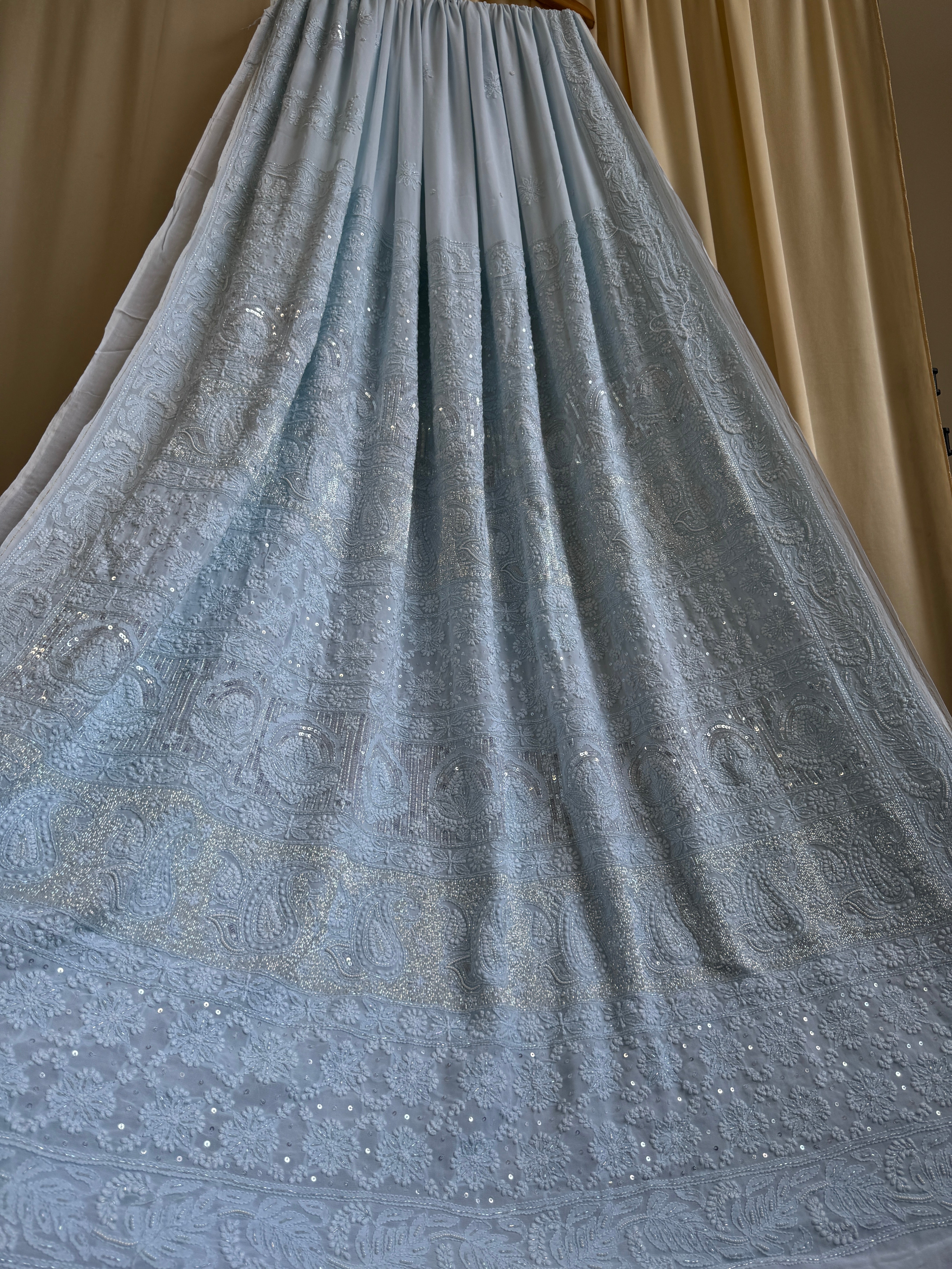 Viscose Baby Blue Chikankari saree with Pearl embellishments ARIAA CHIKANKARI