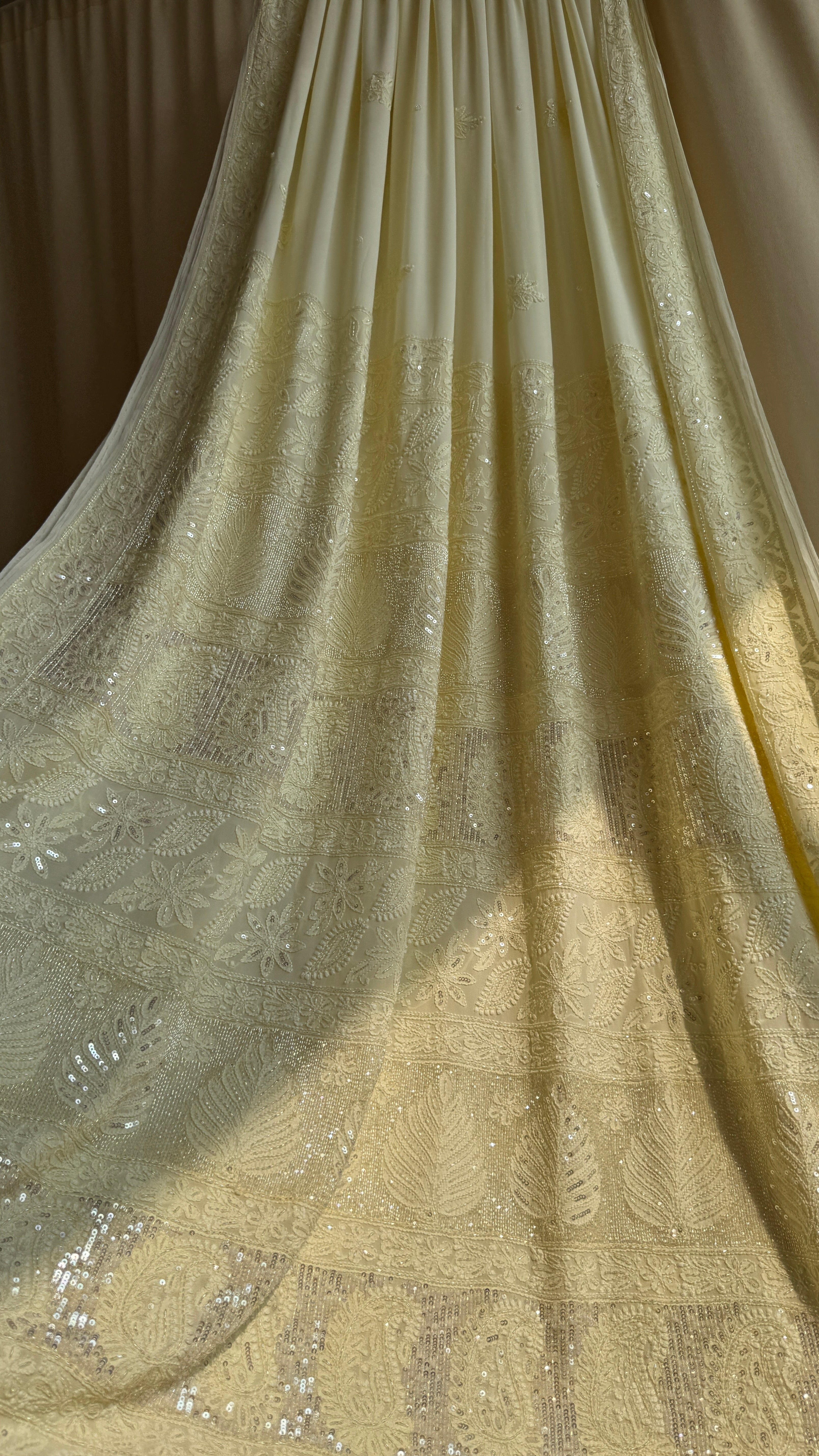 Viscose Lemon Yellow Chikankari saree with Pearl embellishments