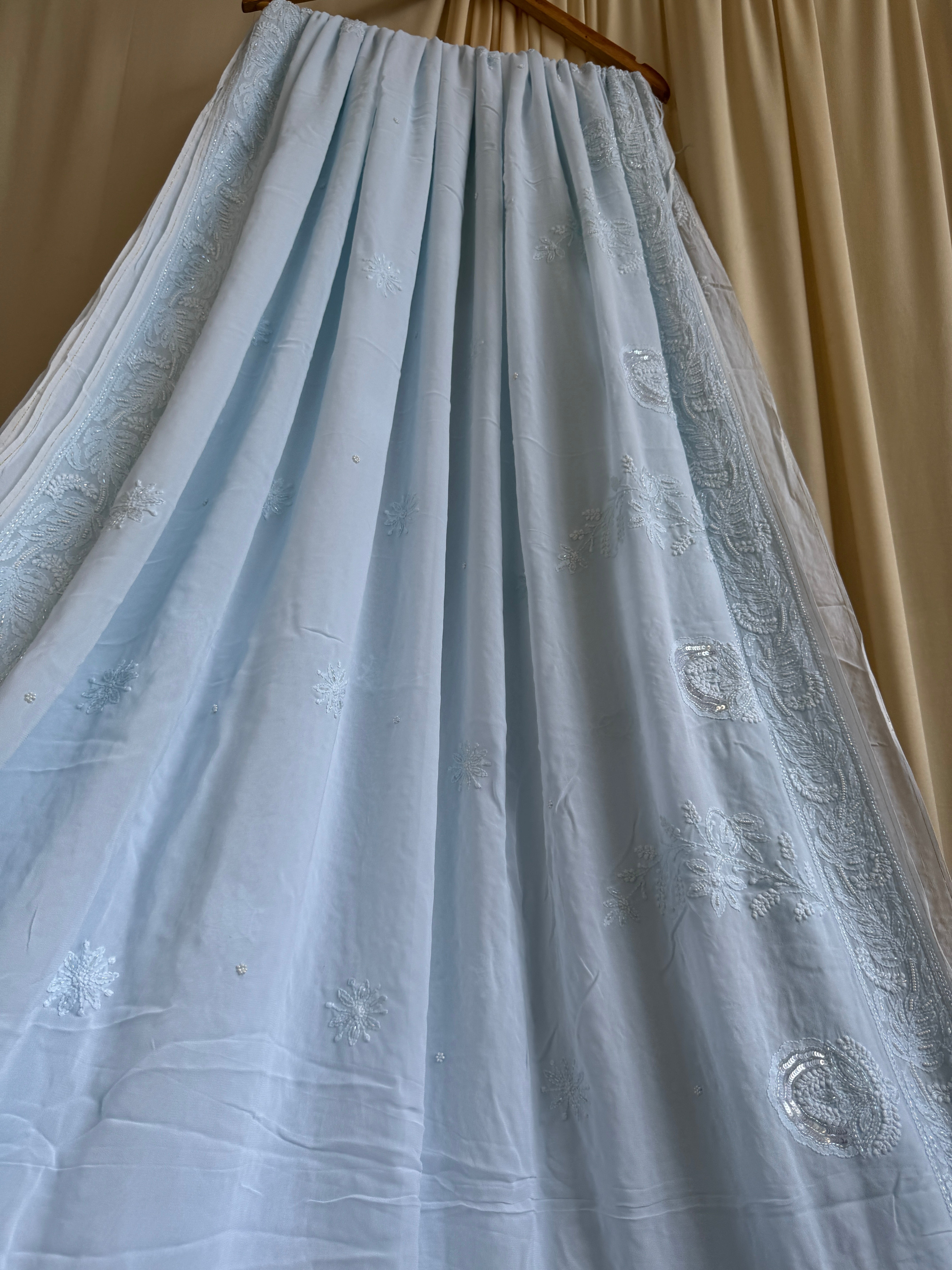 Viscose Baby Blue Chikankari saree with Pearl embellishments ARIAA CHIKANKARI