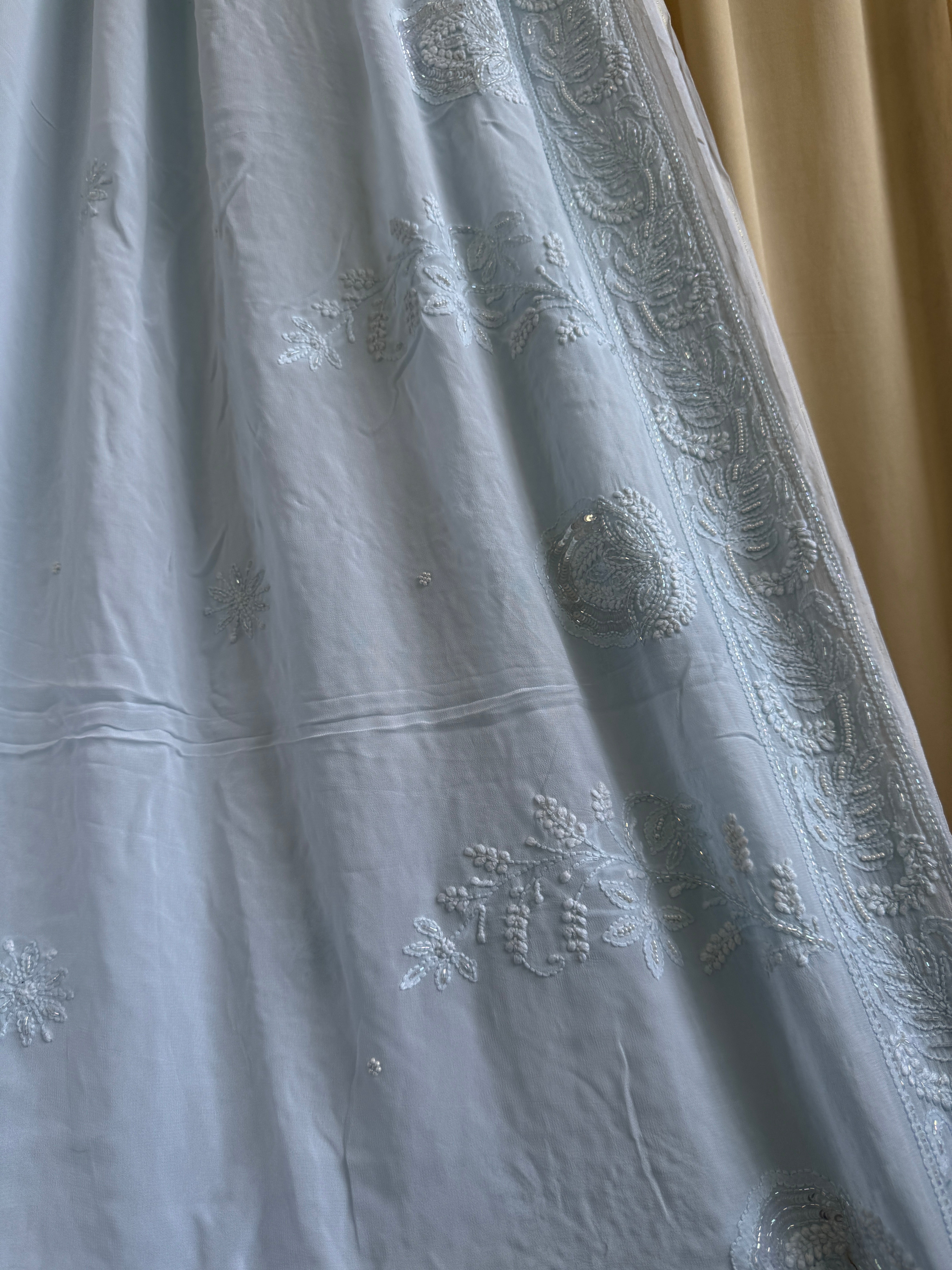 Viscose Baby Blue Chikankari saree with Pearl embellishments ARIAA CHIKANKARI