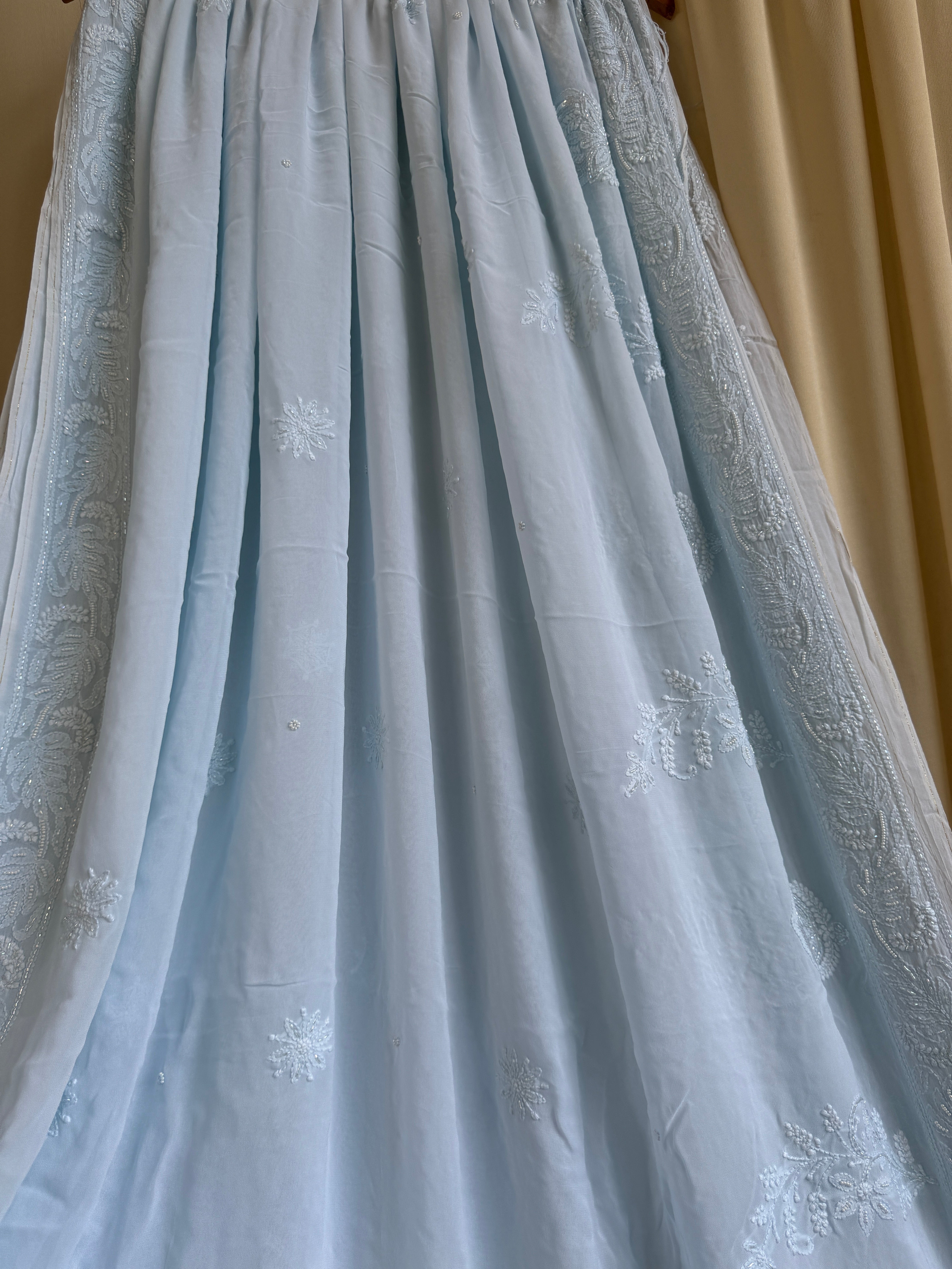 Viscose Baby Blue Chikankari saree with Pearl embellishments ARIAA CHIKANKARI