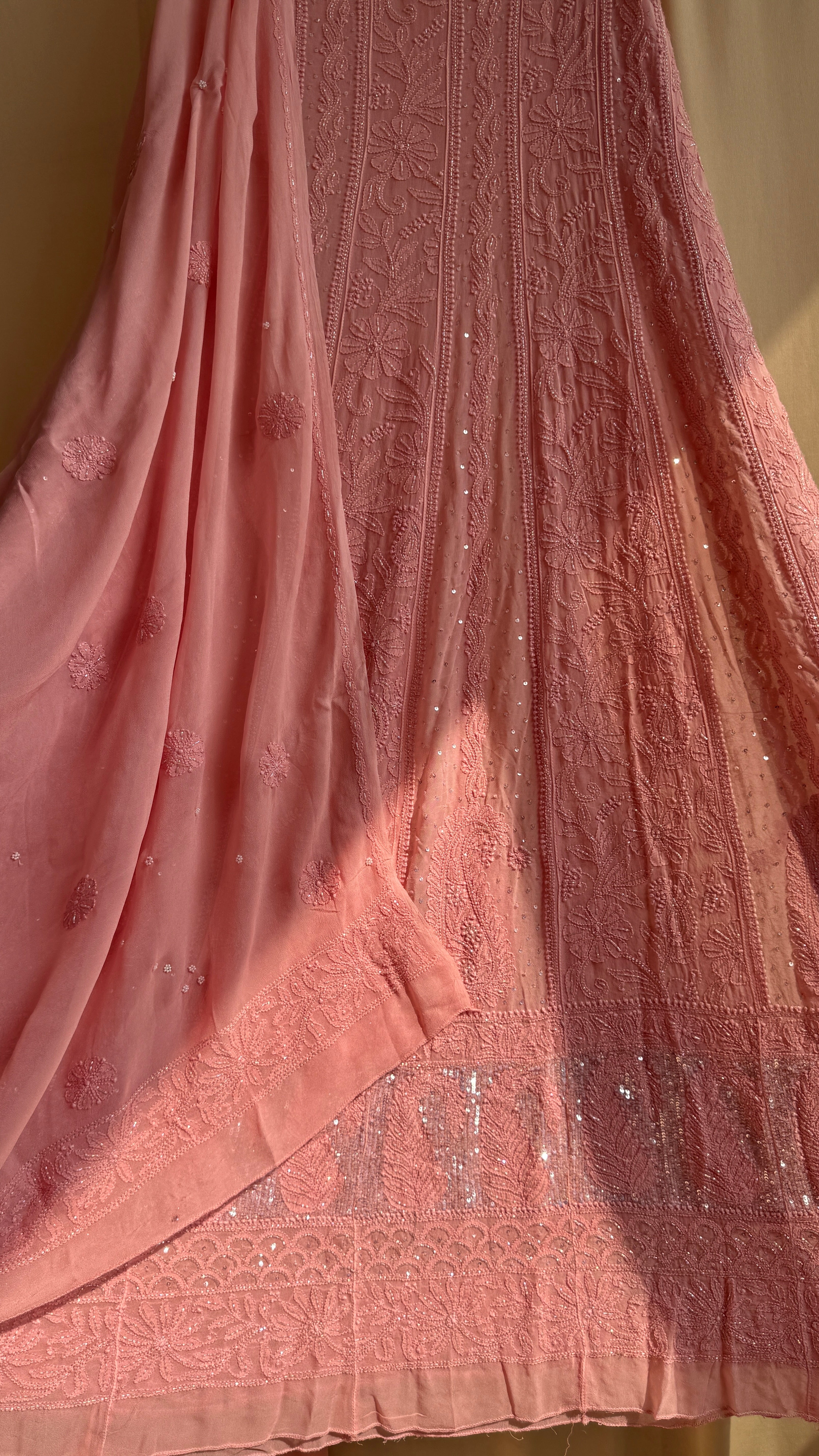 Viscose Anarkali - Semi Stitched - Pearl Work - Rosewood