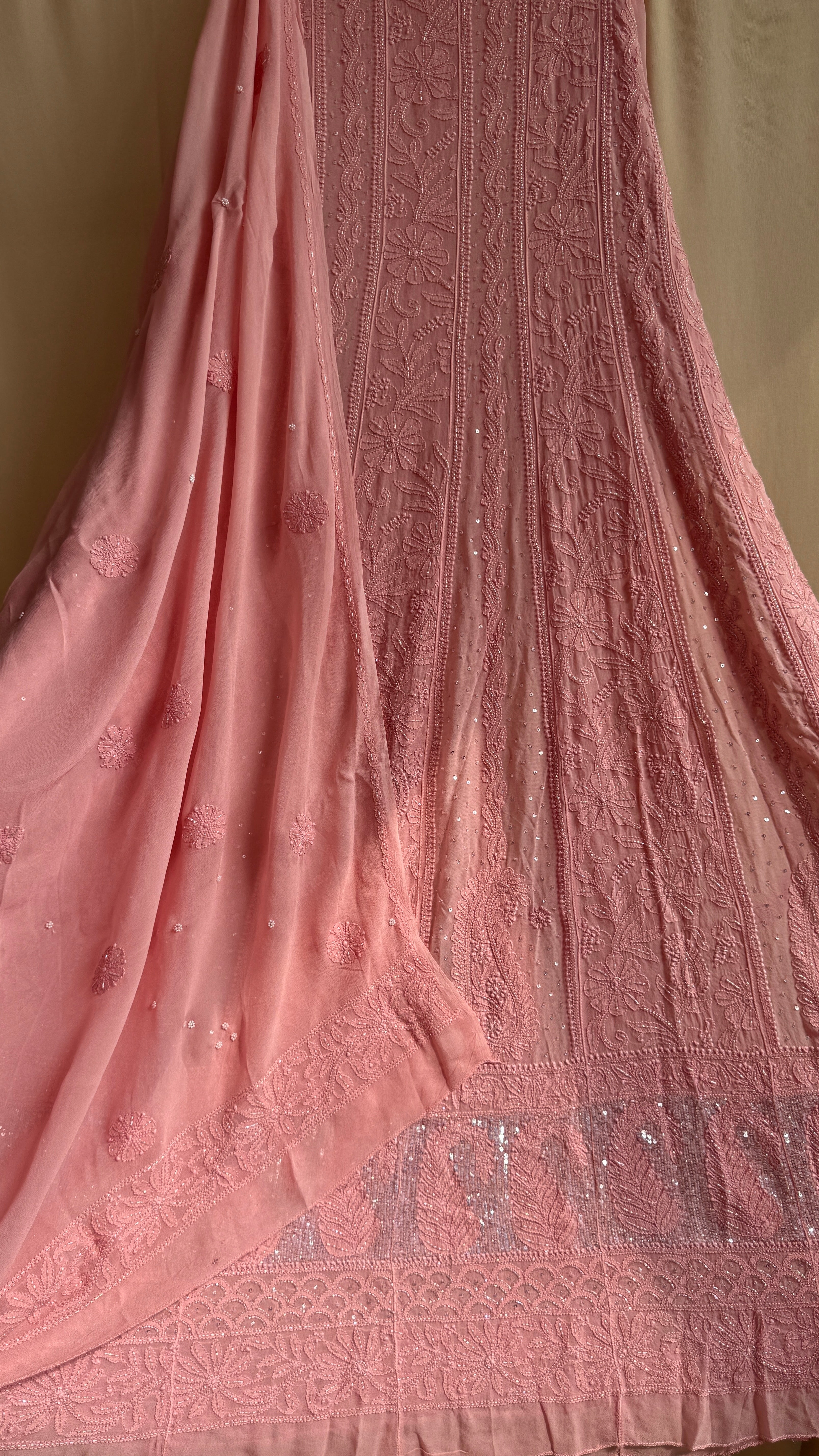 Viscose Anarkali - Semi Stitched - Pearl Work - Rosewood