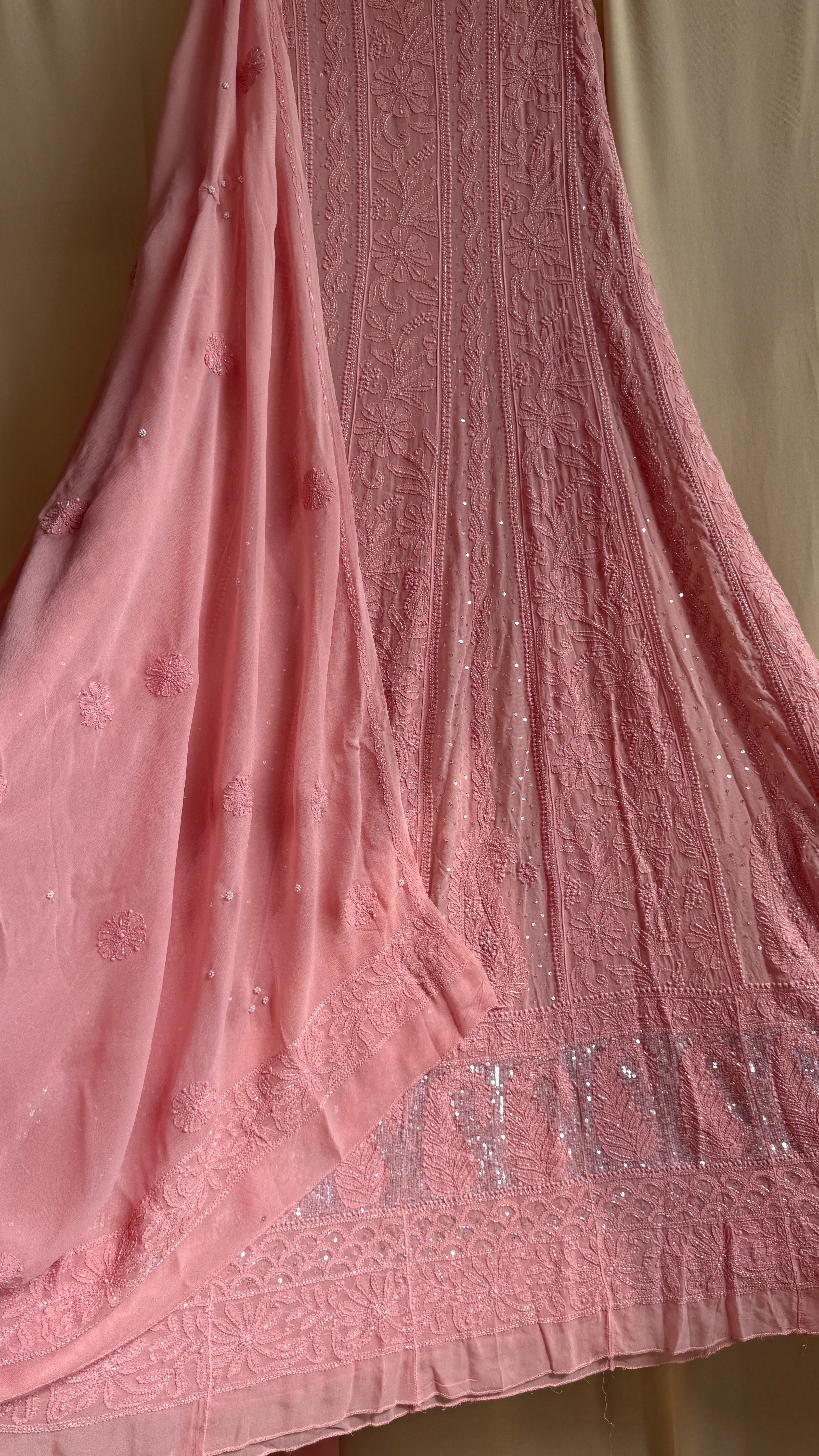 Viscose Anarkali - Semi Stitched - Pearl Work - Rosewood