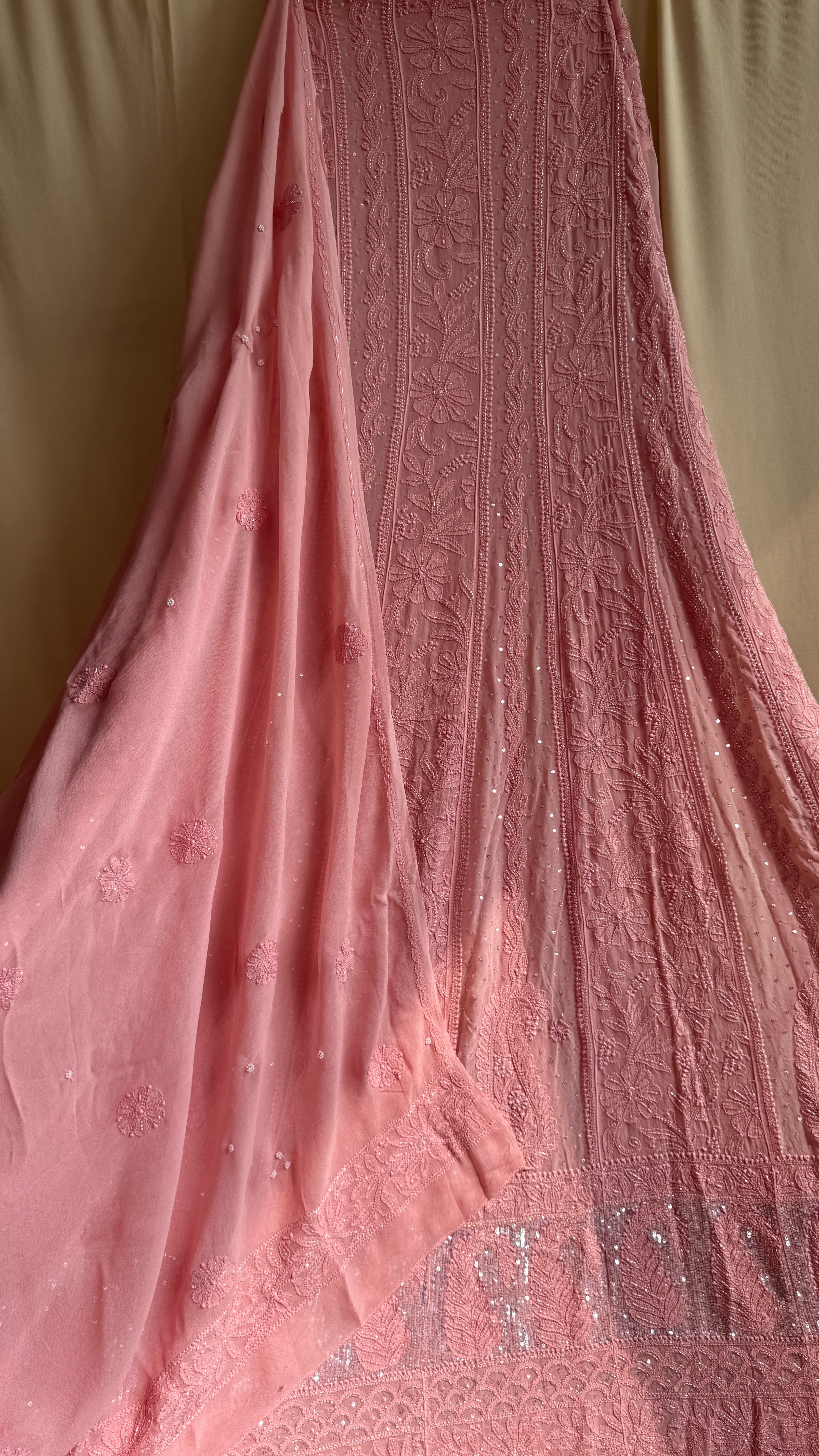 Viscose Anarkali - Semi Stitched - Pearl Work - Rosewood