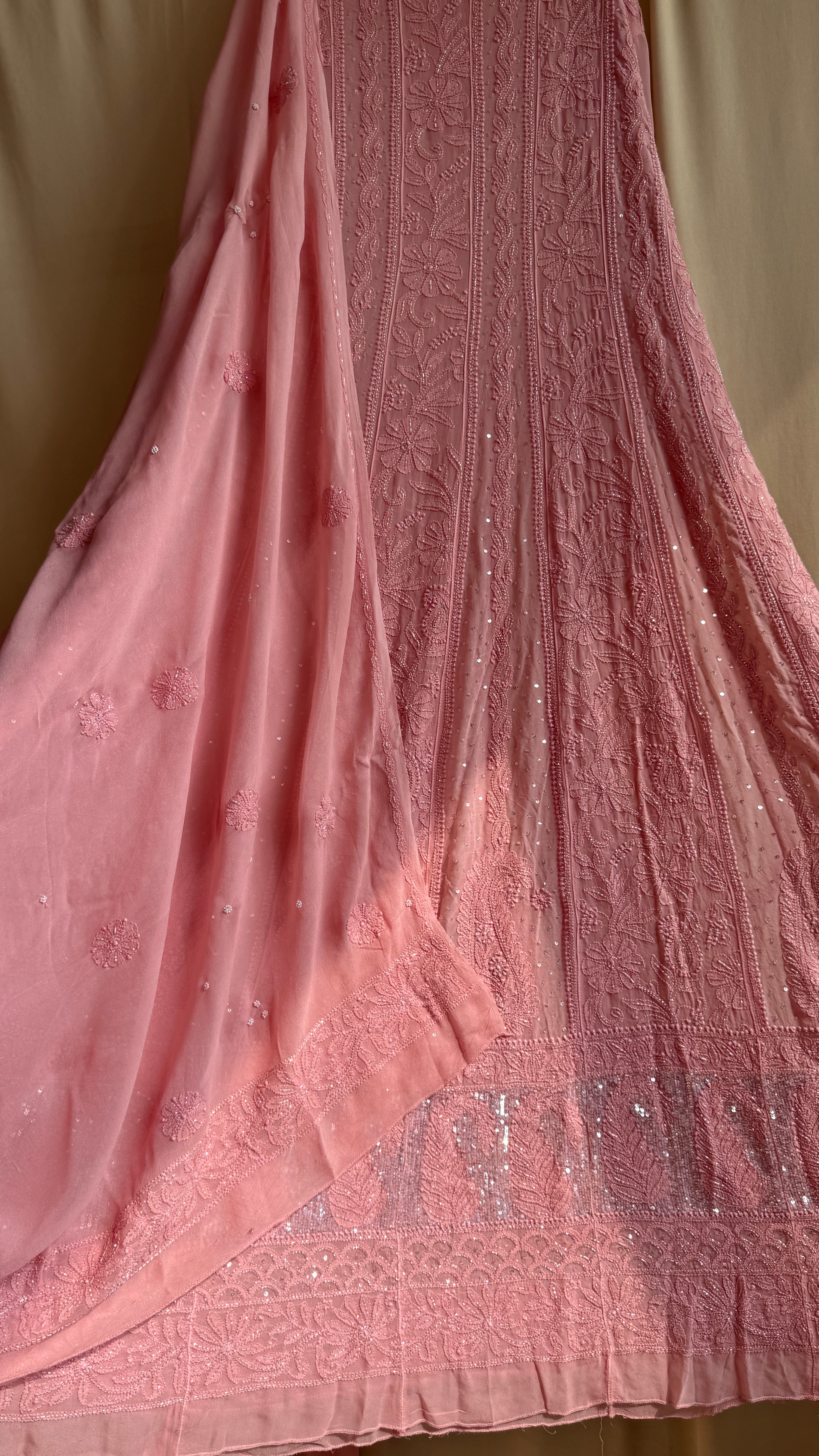 Viscose Anarkali - Semi Stitched - Pearl Work - Rosewood