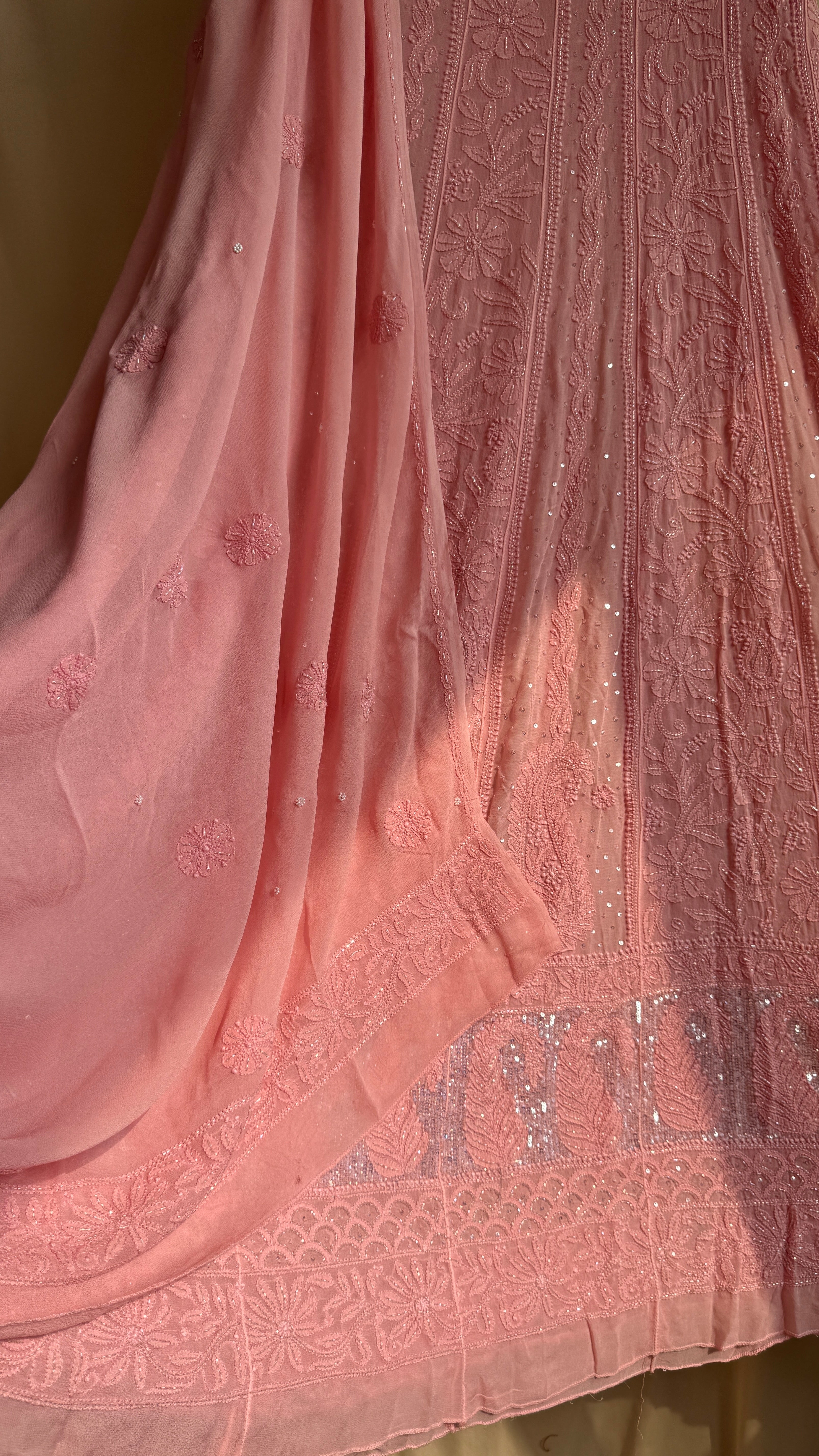 Viscose Anarkali - Semi Stitched - Pearl Work - Rosewood