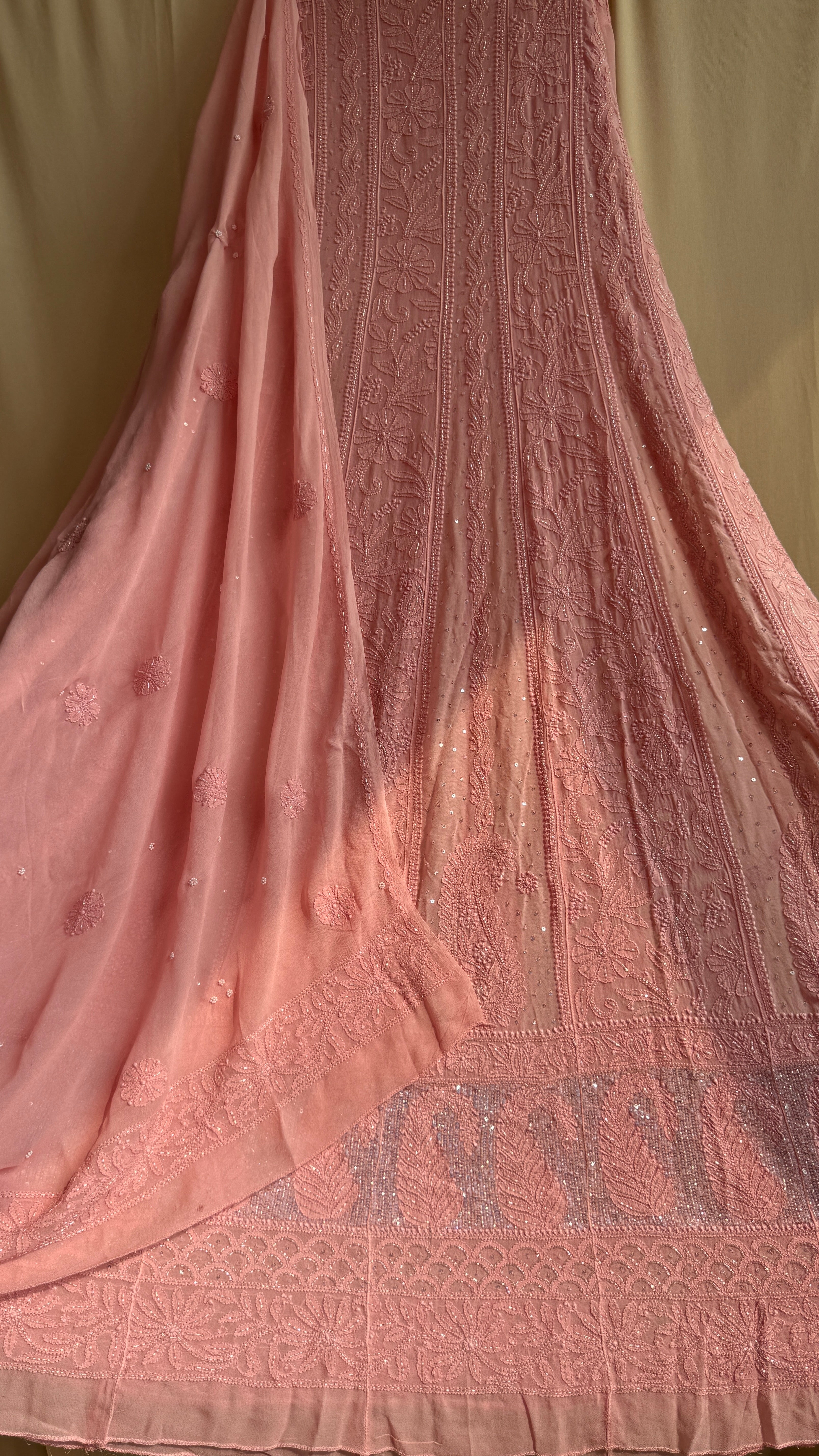 Viscose Anarkali - Semi Stitched - Pearl Work - Rosewood