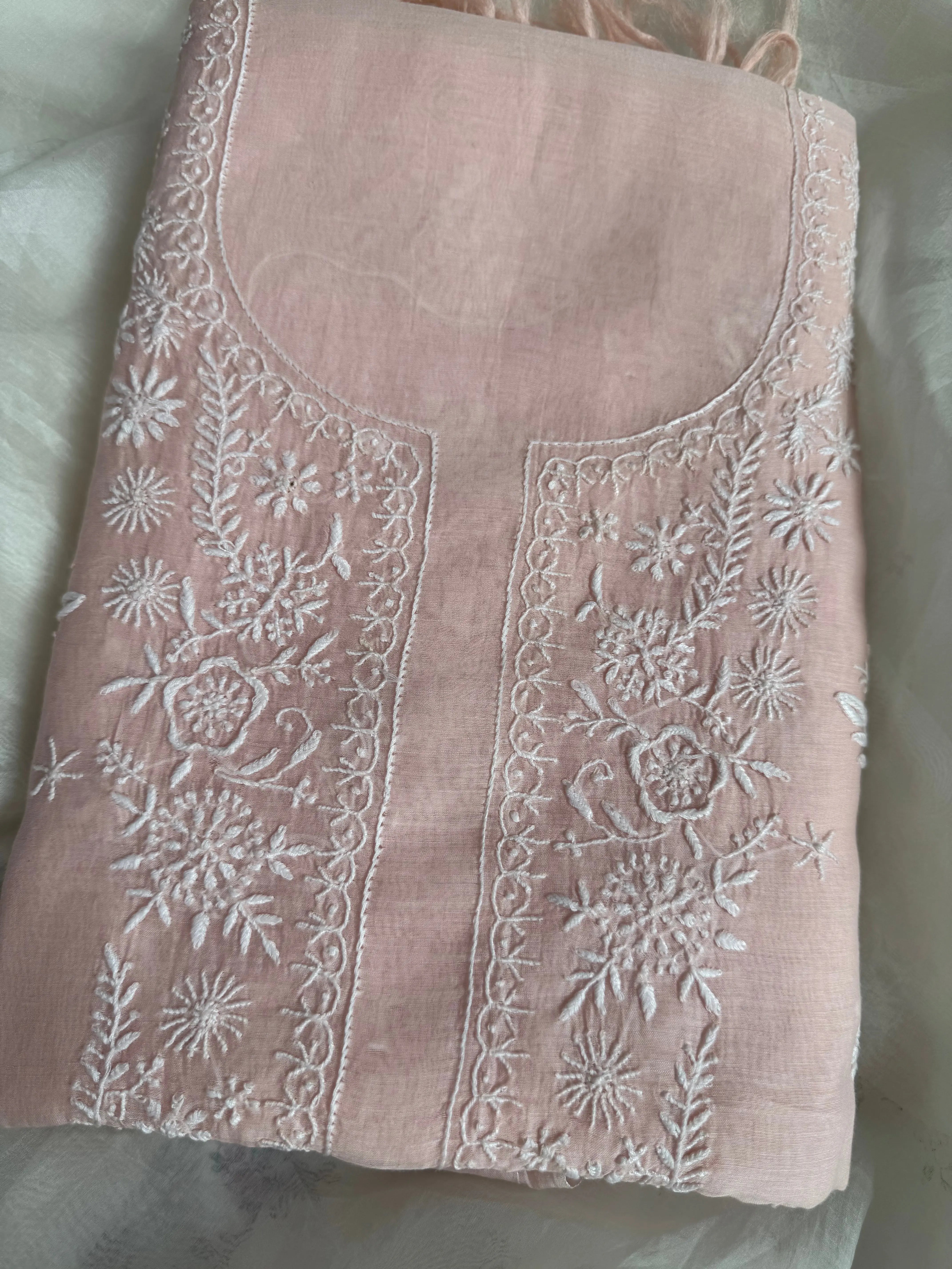 Mul Chanderi Chikankari Unstitched Length with Dupatta - Pink ARIAA CHIKANKARI