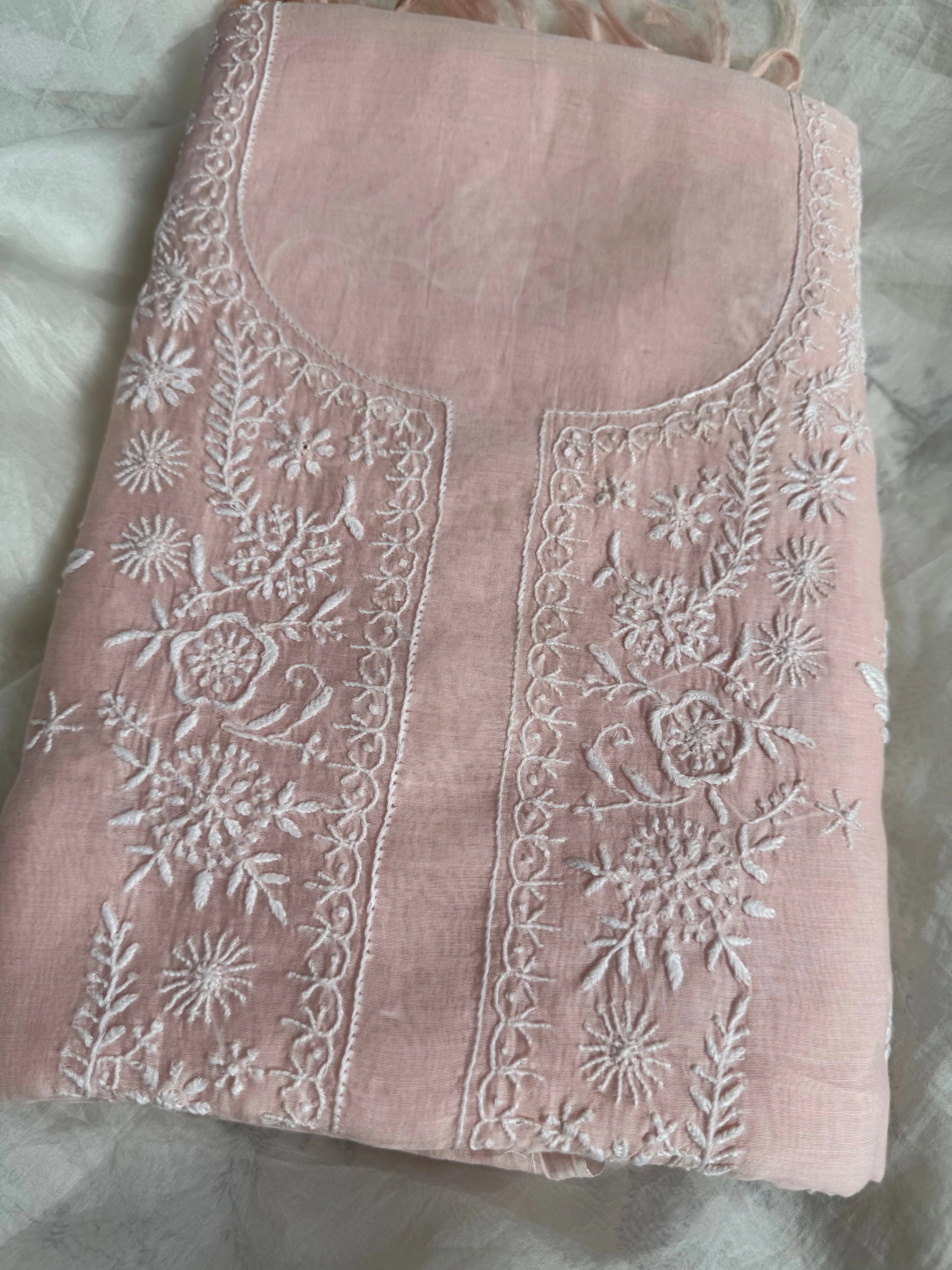 Mul Chanderi Chikankari Unstitched Length with Dupatta - Pink ARIAA CHIKANKARI