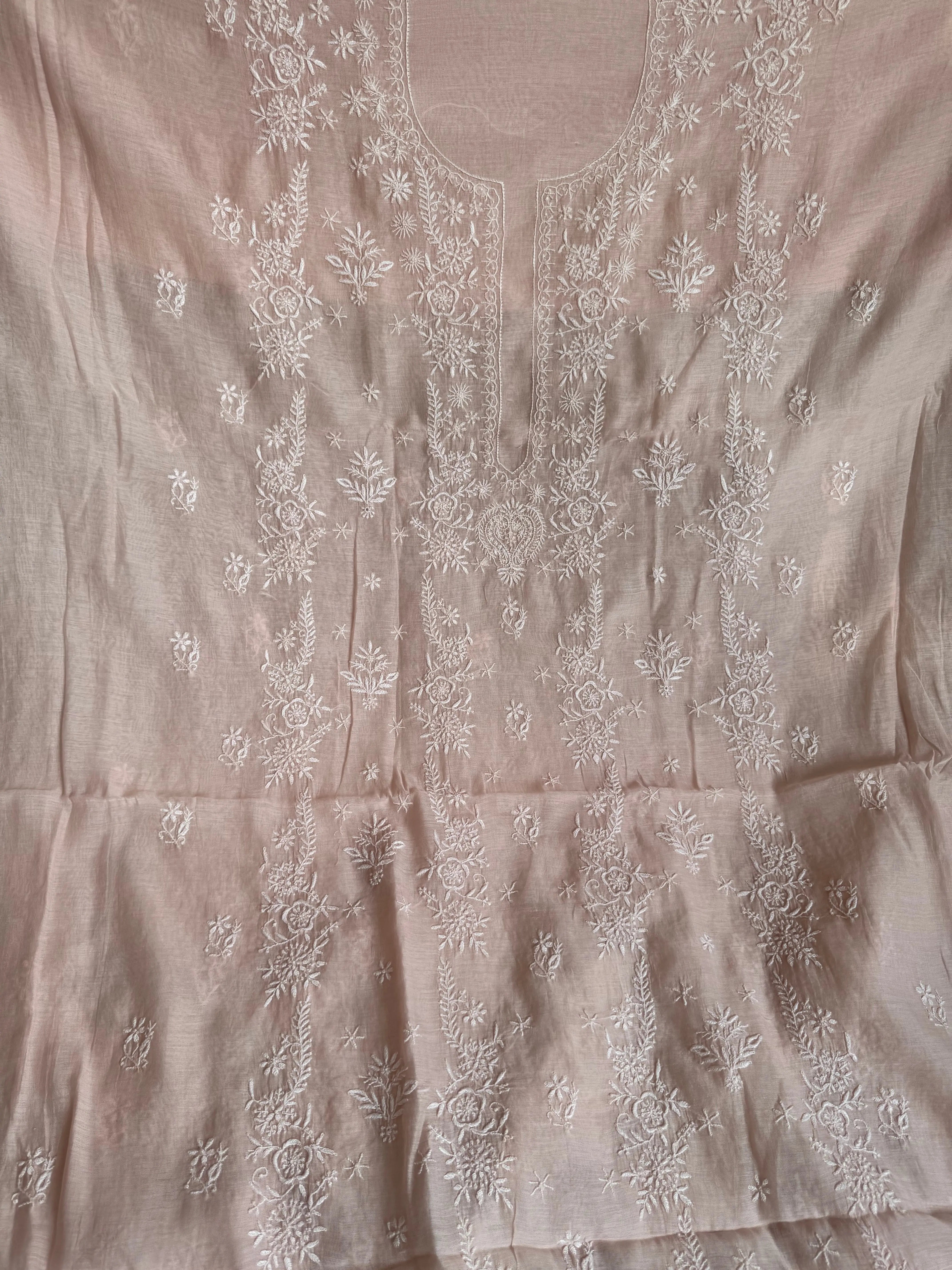 Mul Chanderi Chikankari Unstitched Length with Dupatta - Pink ARIAA CHIKANKARI