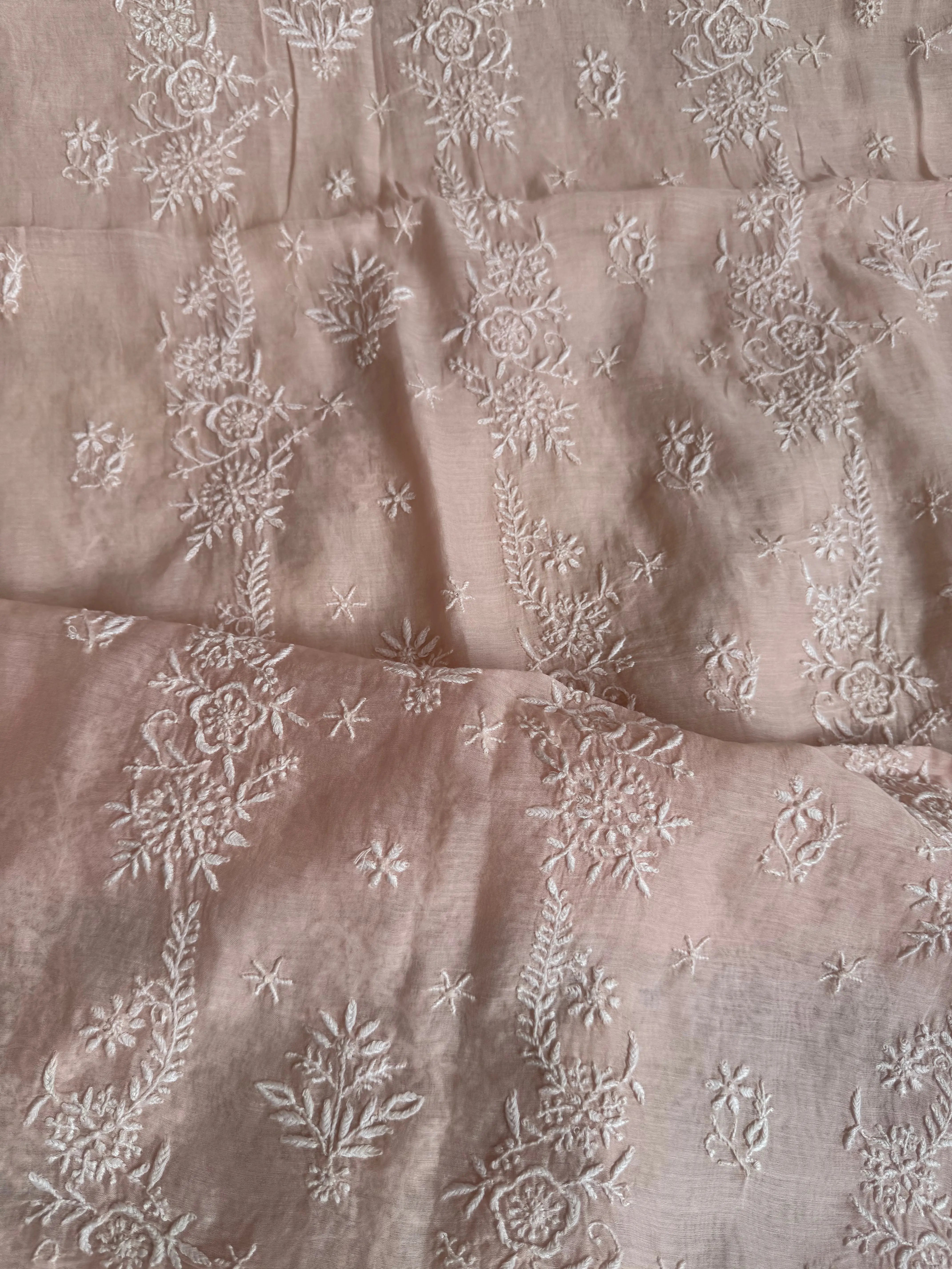 Mul Chanderi Chikankari Unstitched Length with Dupatta - Pink ARIAA CHIKANKARI
