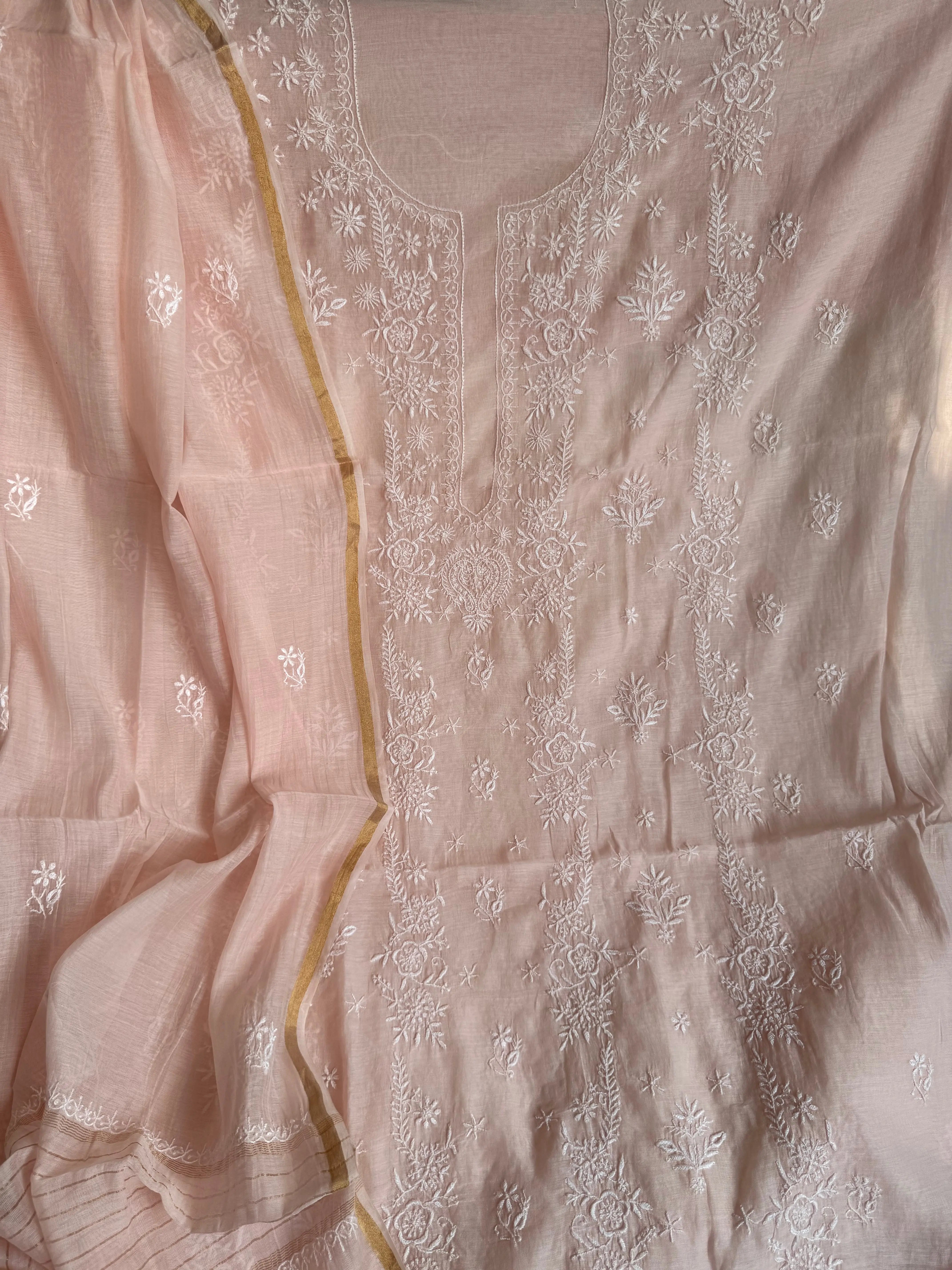 Mul Chanderi Chikankari Unstitched Length with Dupatta - Pink ARIAA CHIKANKARI