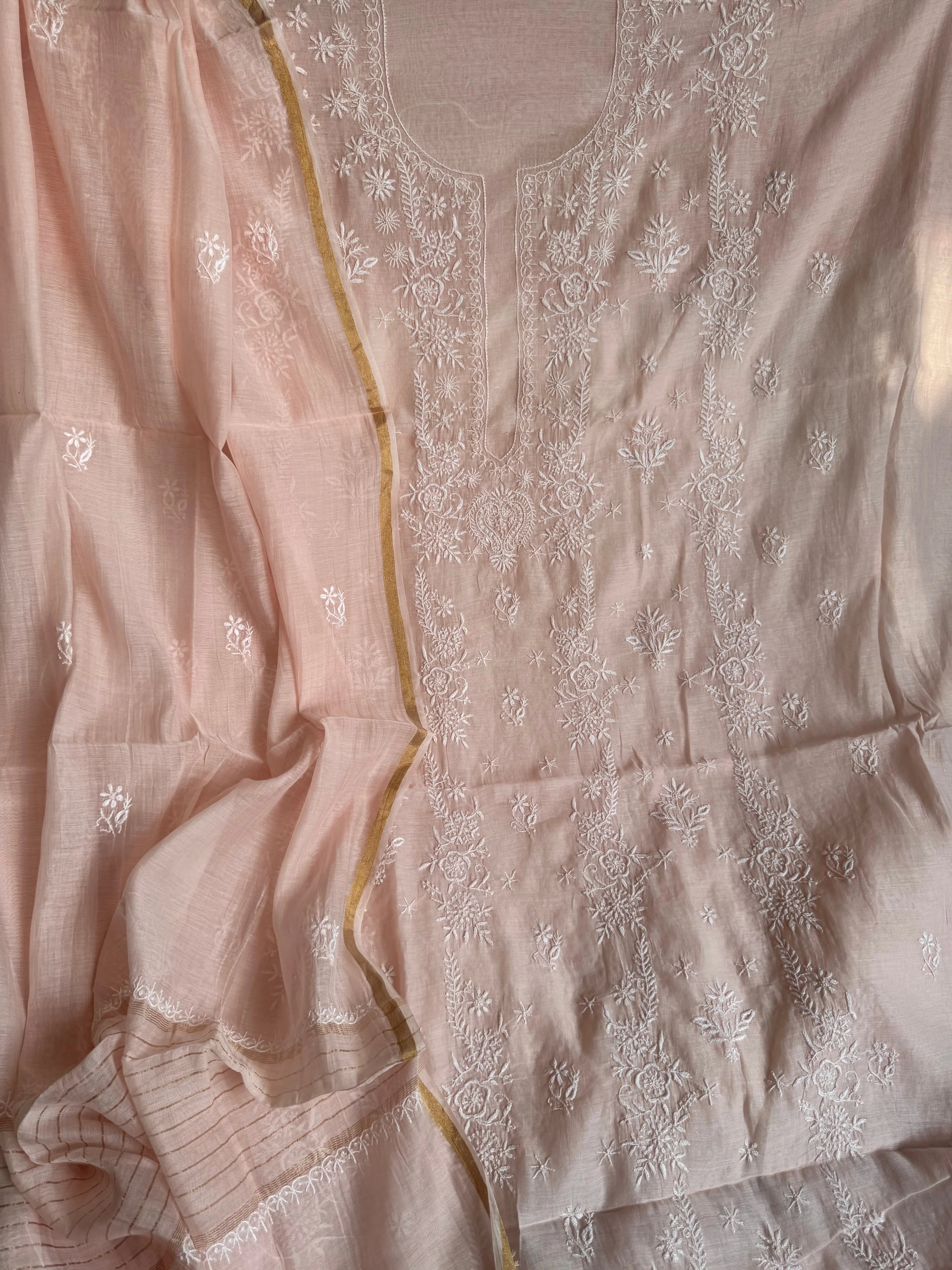 Mul Chanderi Chikankari Unstitched Length with Dupatta - Pink ARIAA CHIKANKARI