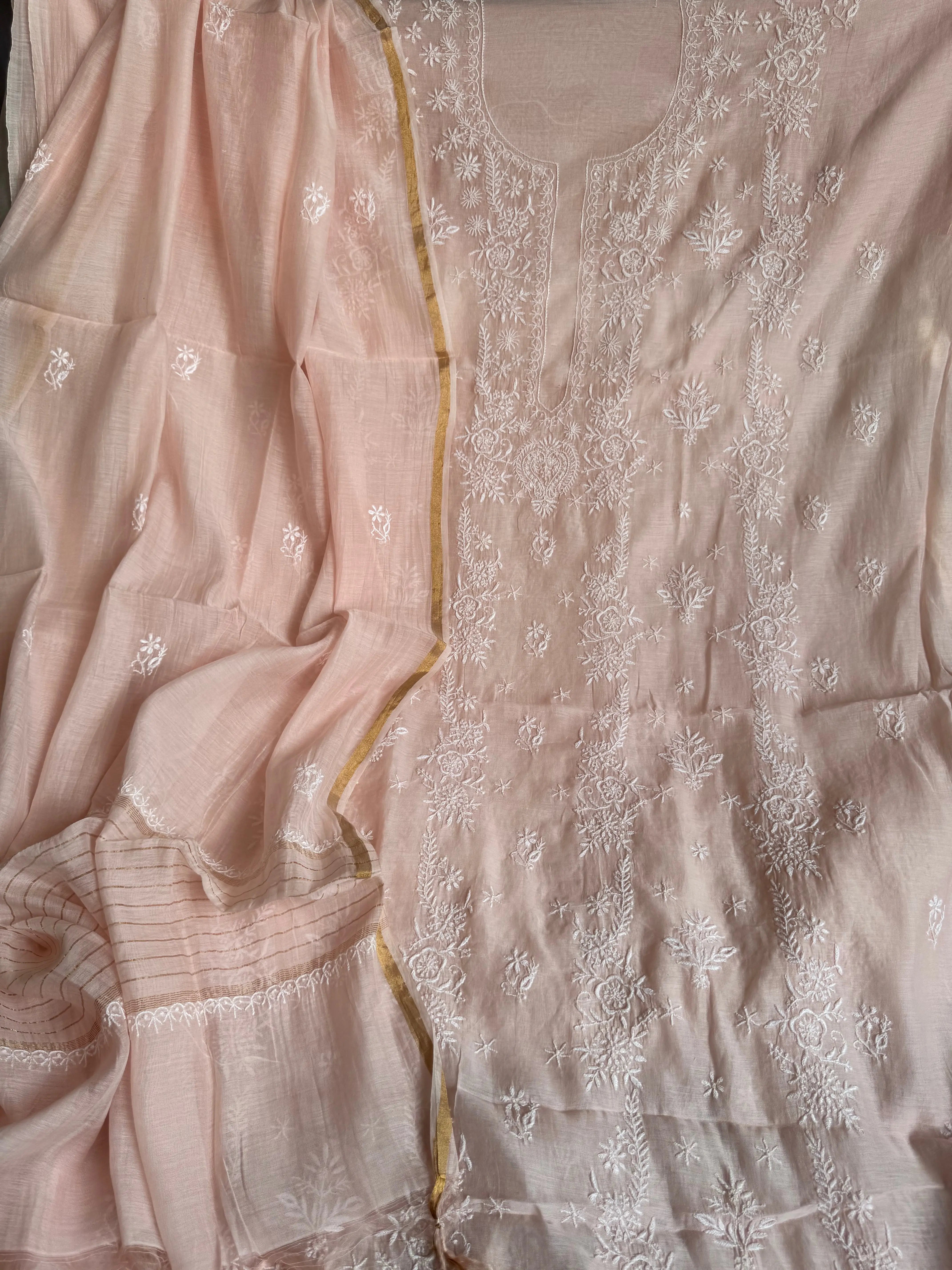 Mul Chanderi Chikankari Unstitched Length with Dupatta - Pink ARIAA CHIKANKARI