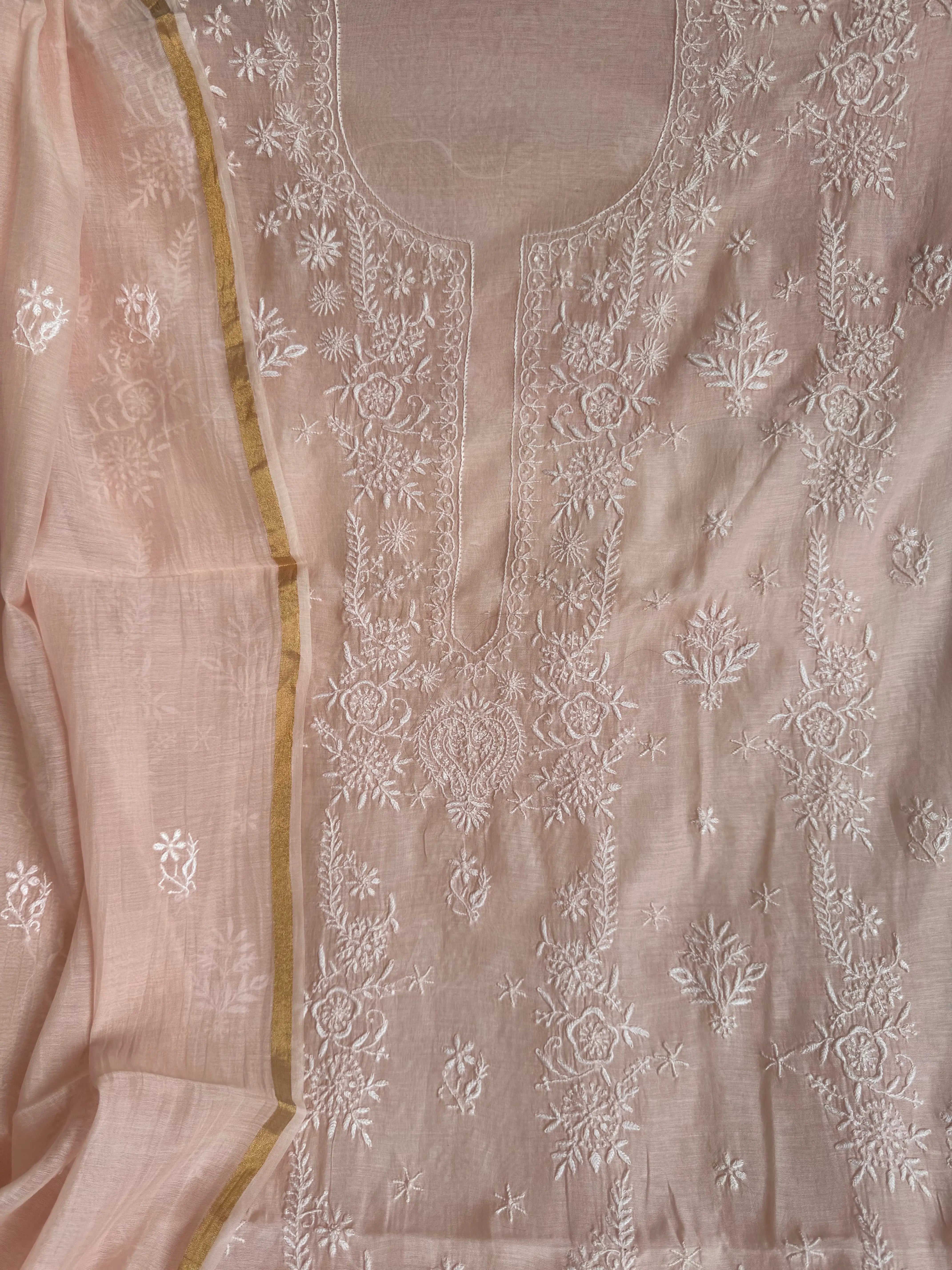 Mul Chanderi Chikankari Unstitched Length with Dupatta - Pink ARIAA CHIKANKARI