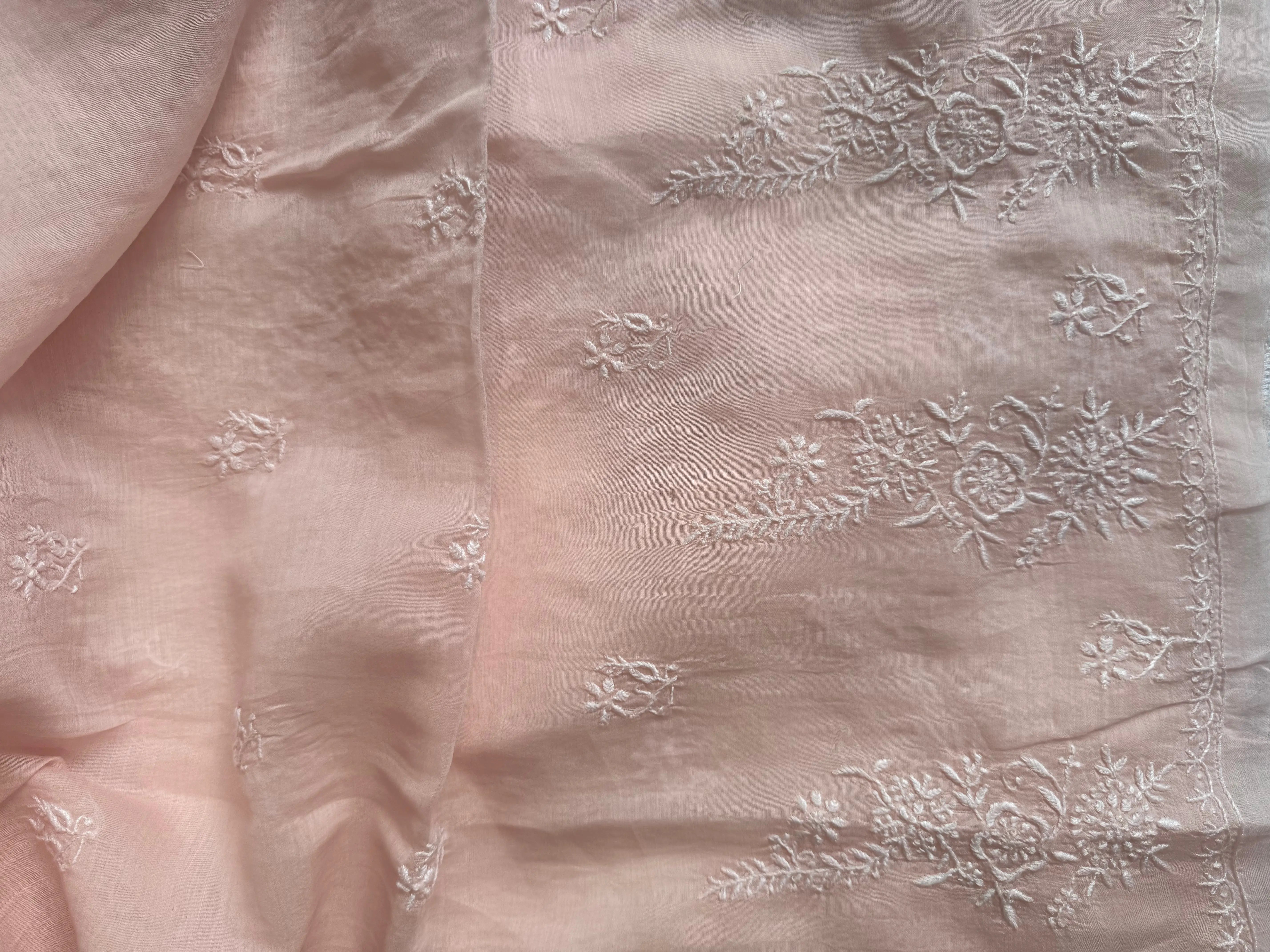 Mul Chanderi Chikankari Unstitched Length with Dupatta - Pink ARIAA CHIKANKARI
