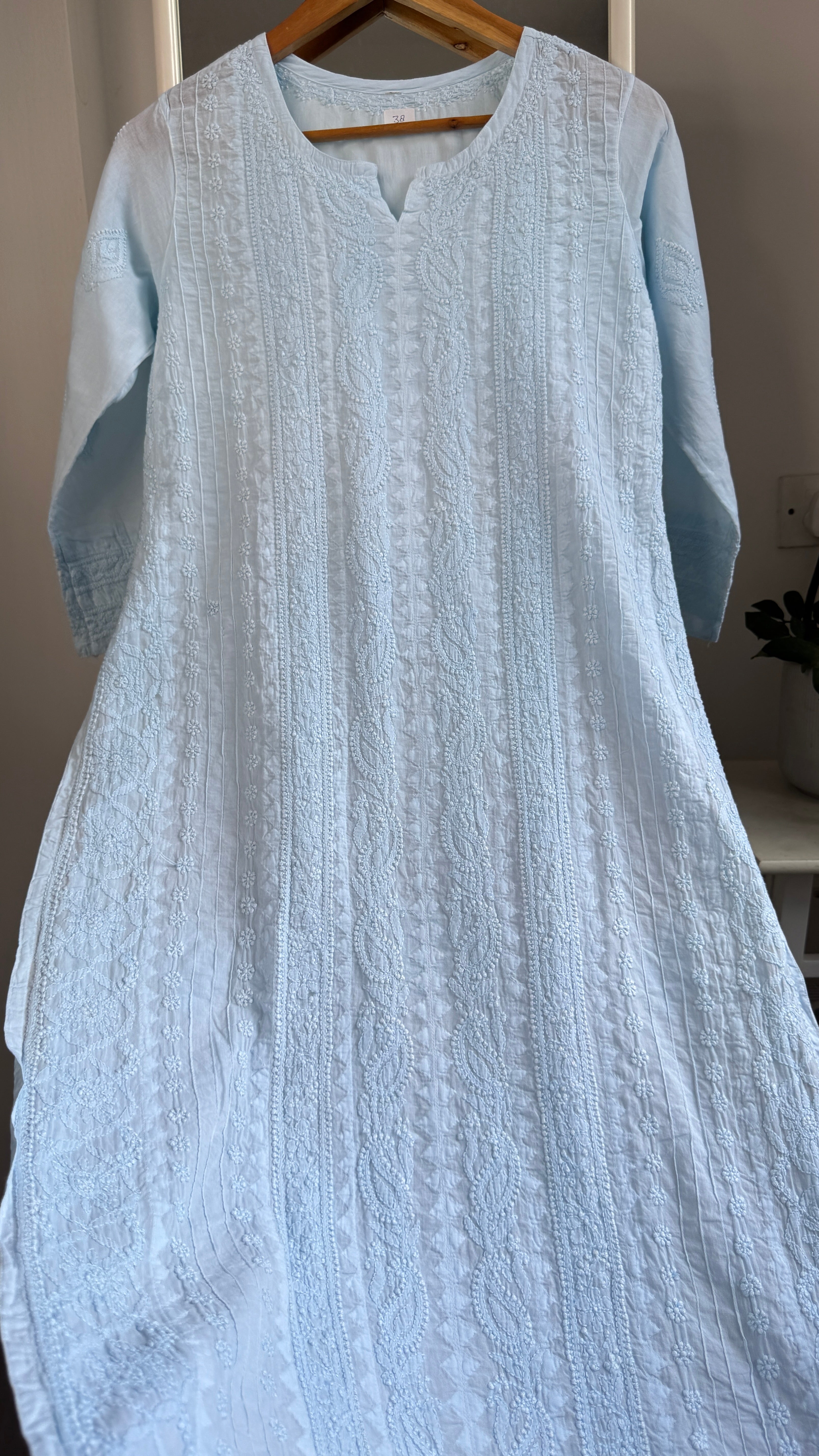 Pure Cotton Chikankari Full Jaal Kurti - Baby Blue - Gul Collection