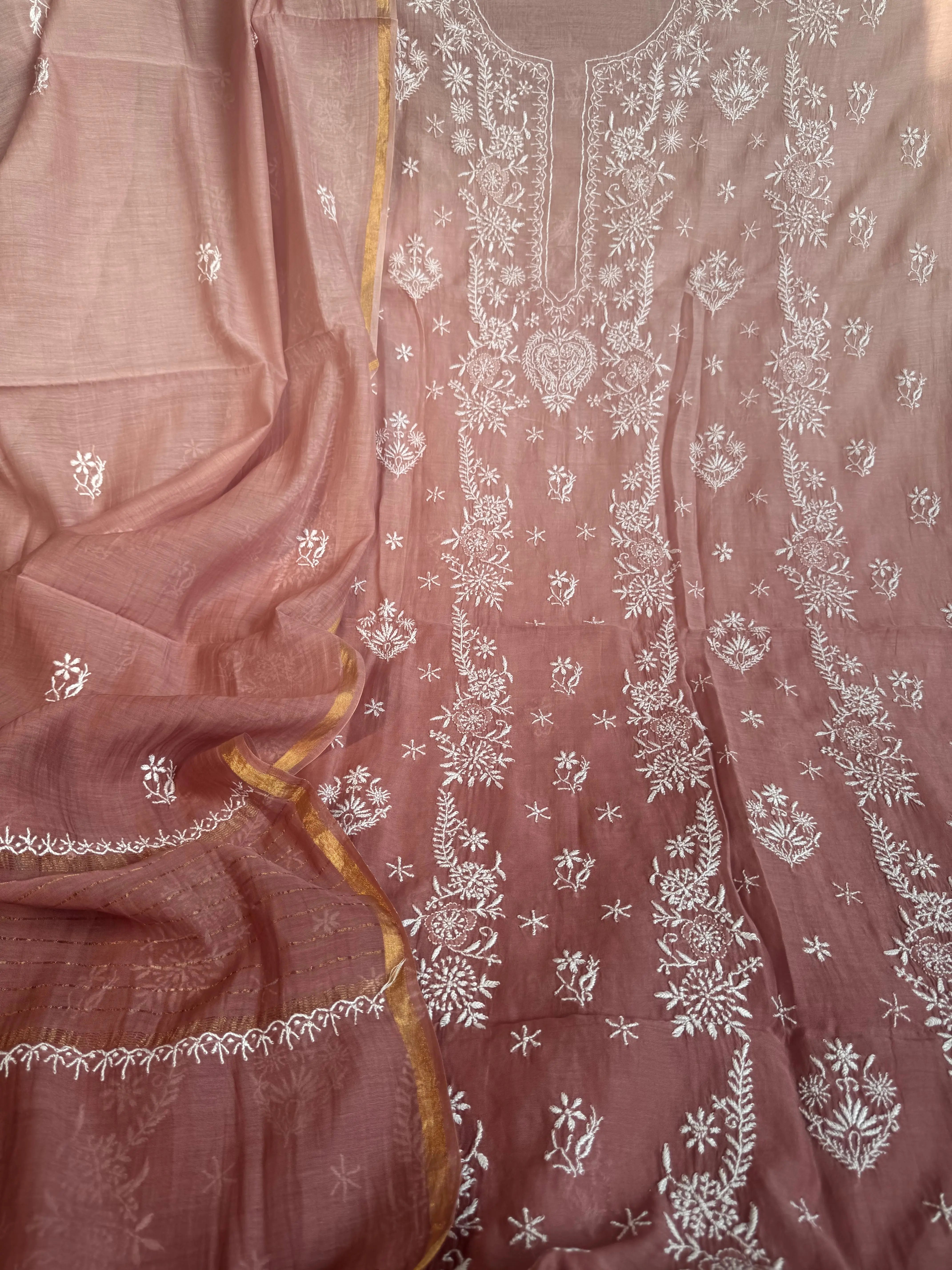 Mul Chanderi Chikankari Unstitched Length with Dupatta - Rosewood Ombre ARIAA CHIKANKARI