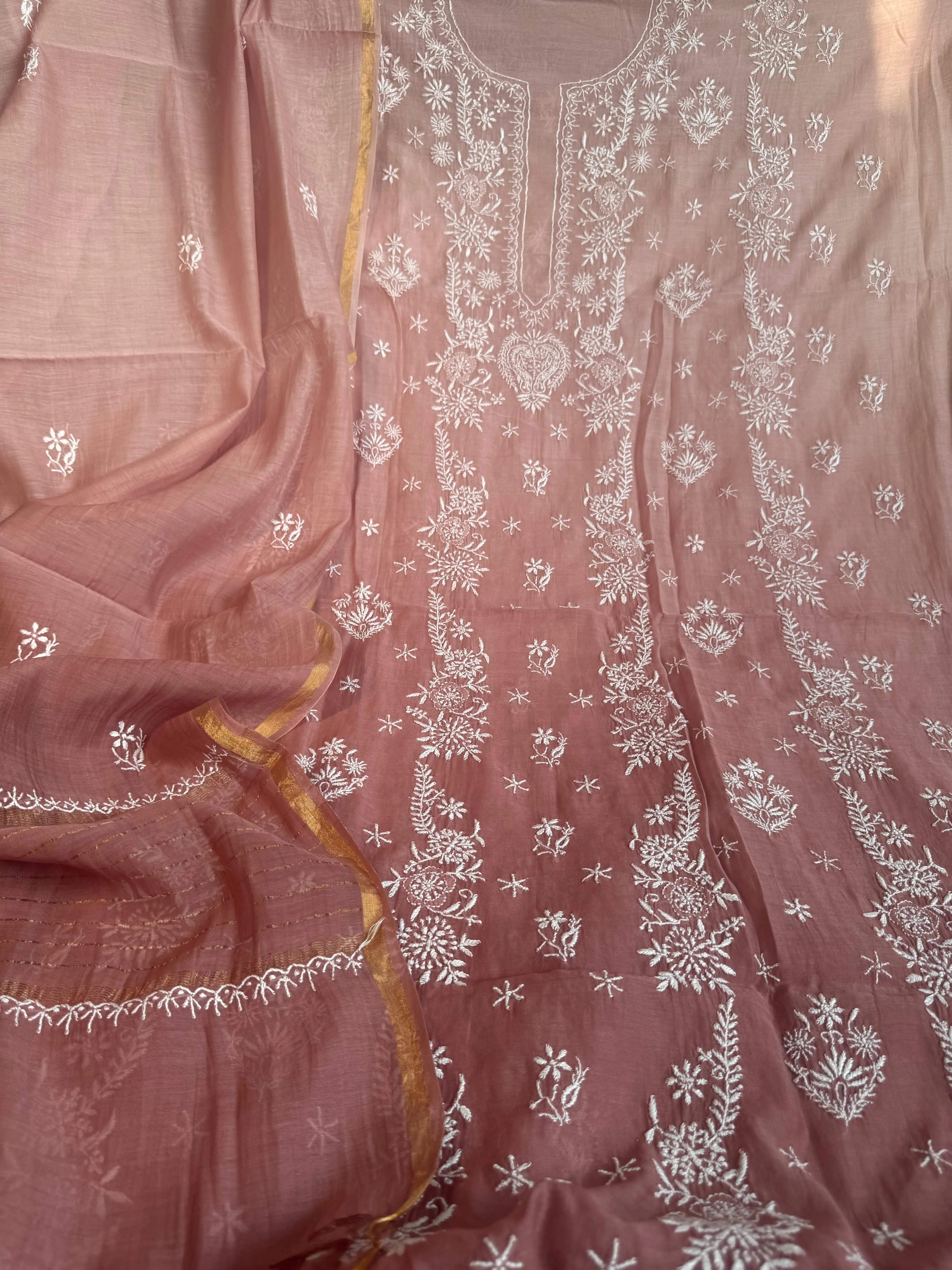 Mul Chanderi Chikankari Unstitched Length with Dupatta - Rosewood Ombre ARIAA CHIKANKARI