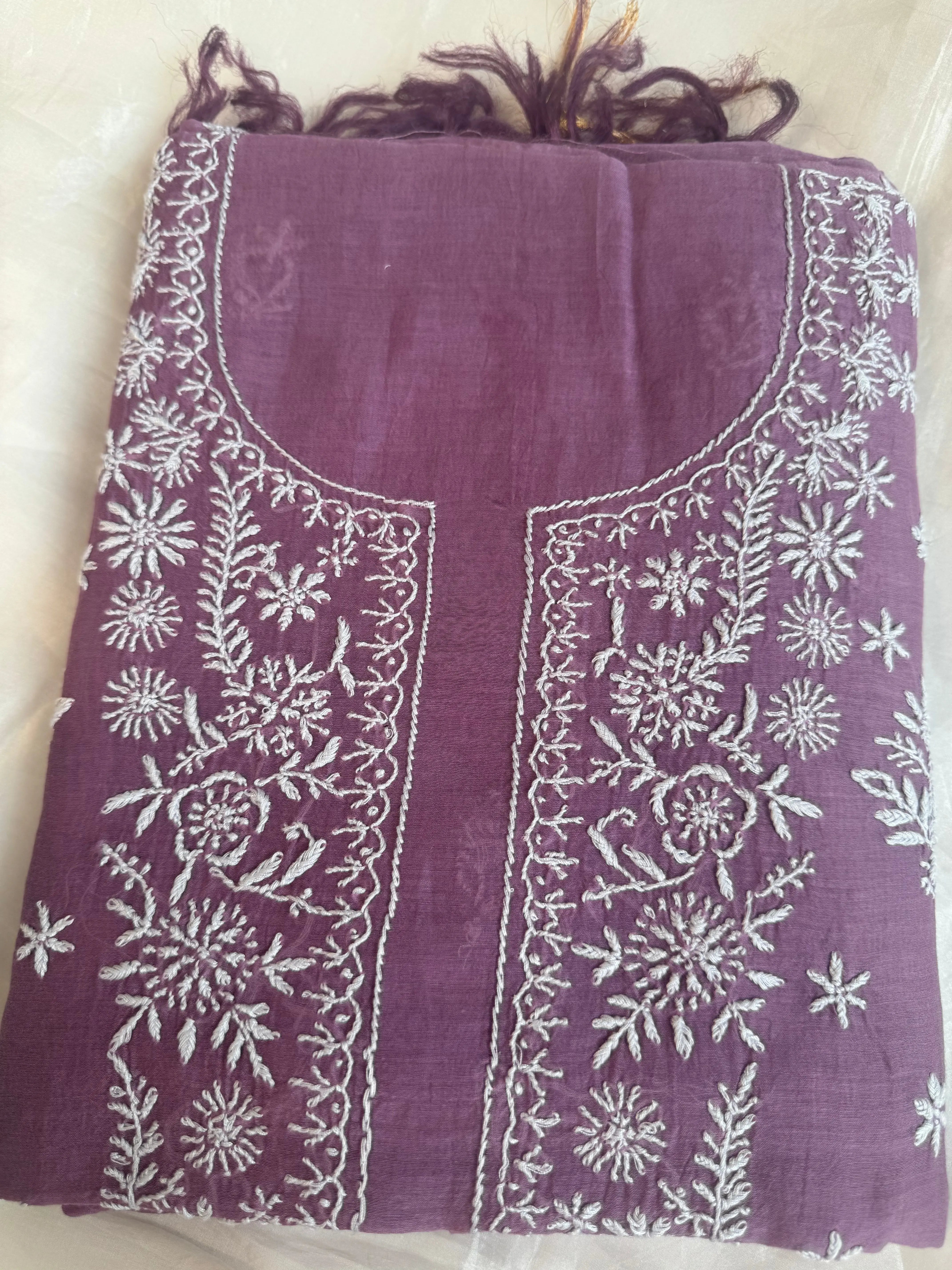 Mul Chanderi Chikankari Unstitched Length with Dupatta - Purple ARIAA CHIKANKARI