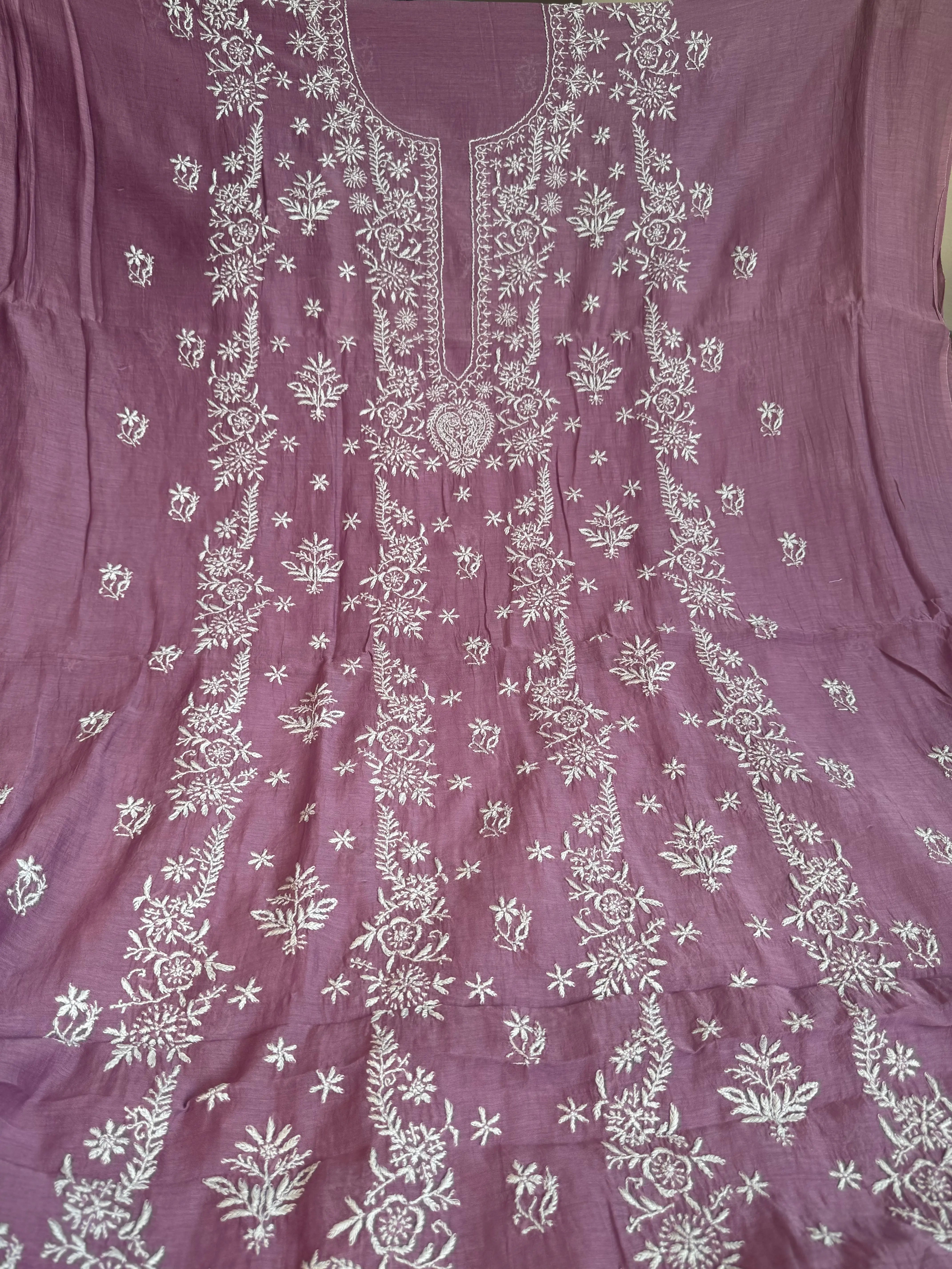 Mul Chanderi Chikankari Unstitched Length with Dupatta - Purple ARIAA CHIKANKARI