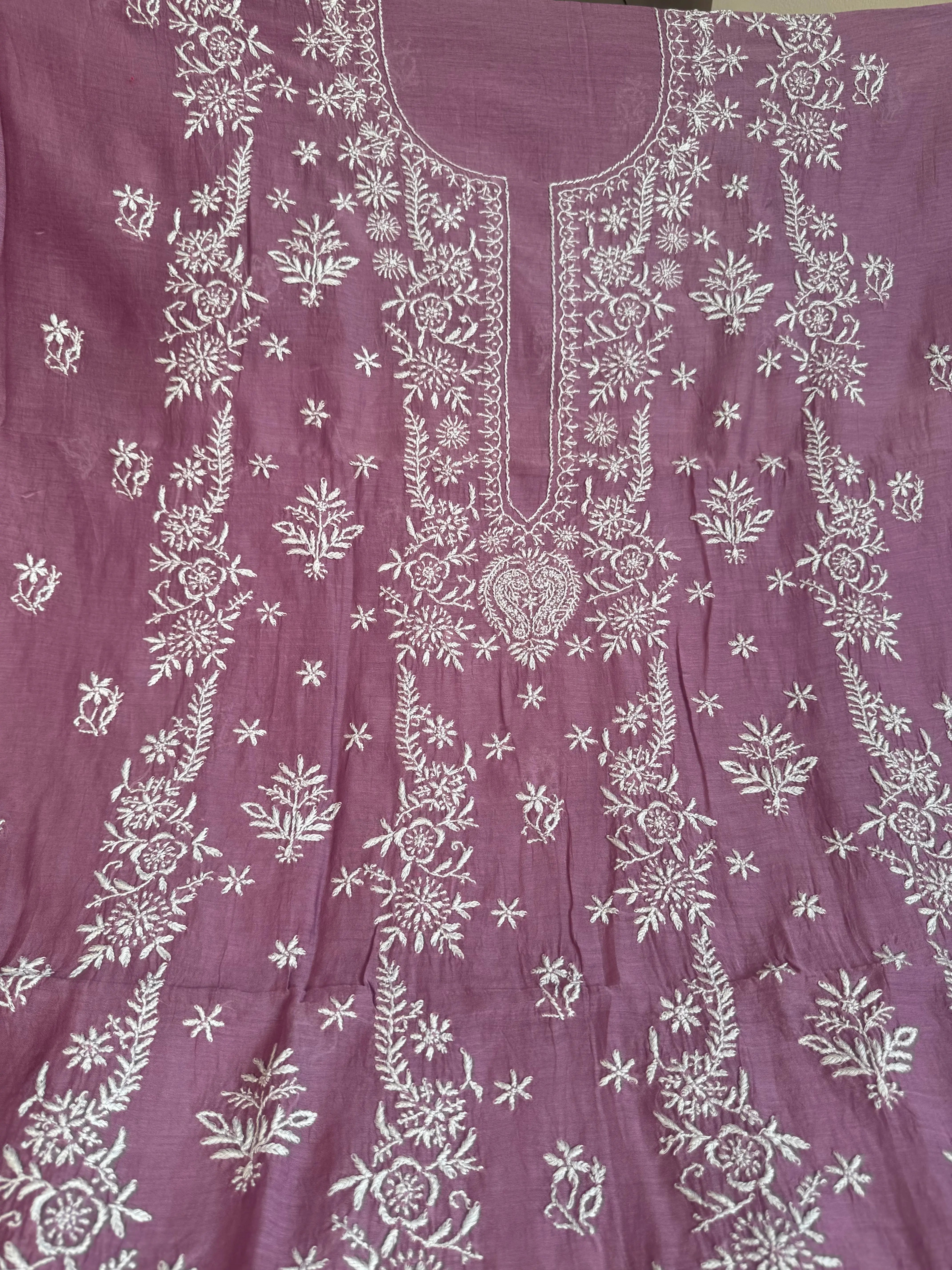 Mul Chanderi Chikankari Unstitched Length with Dupatta - Purple ARIAA CHIKANKARI