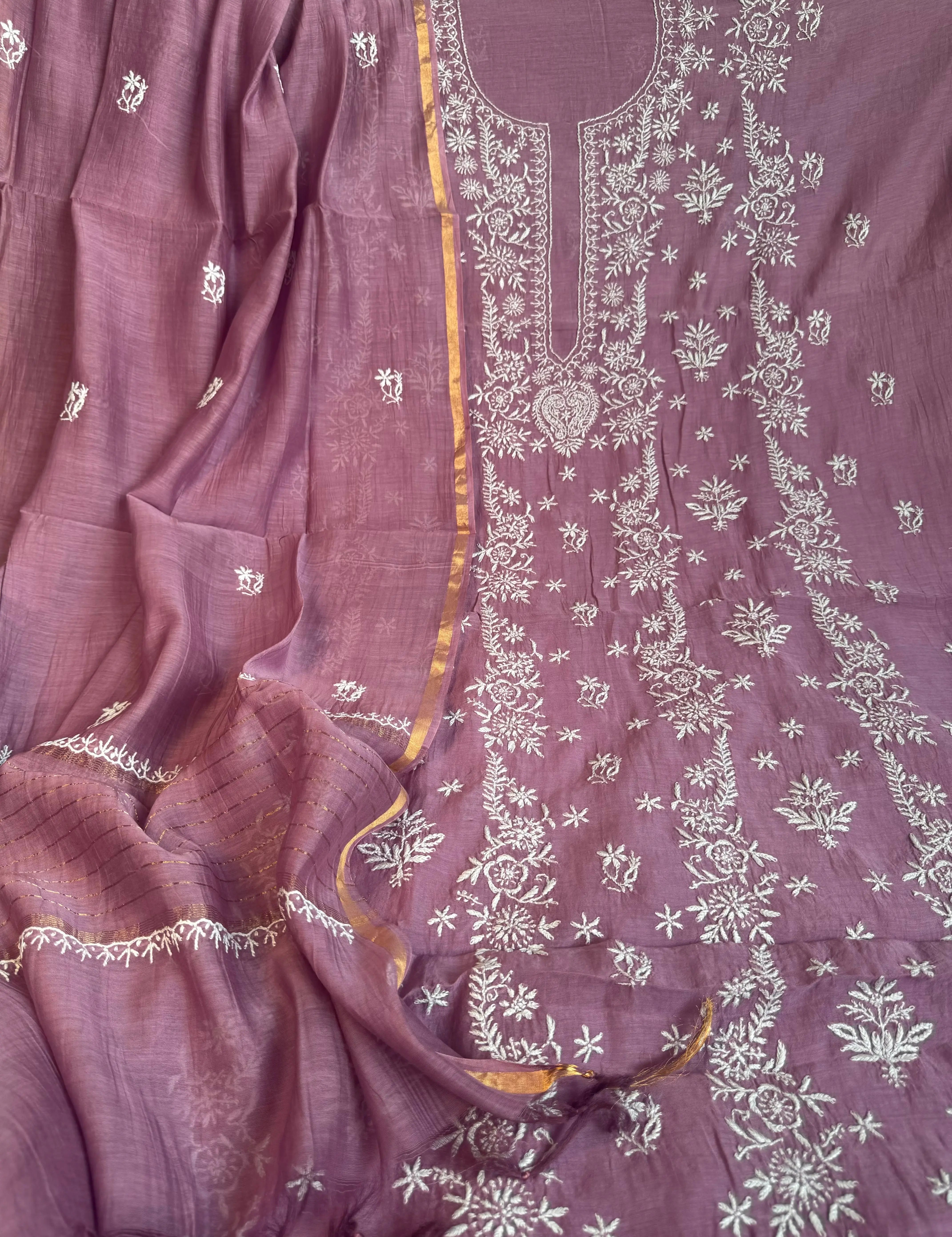 Mul Chanderi Chikankari Unstitched Length with Dupatta - Purple ARIAA CHIKANKARI