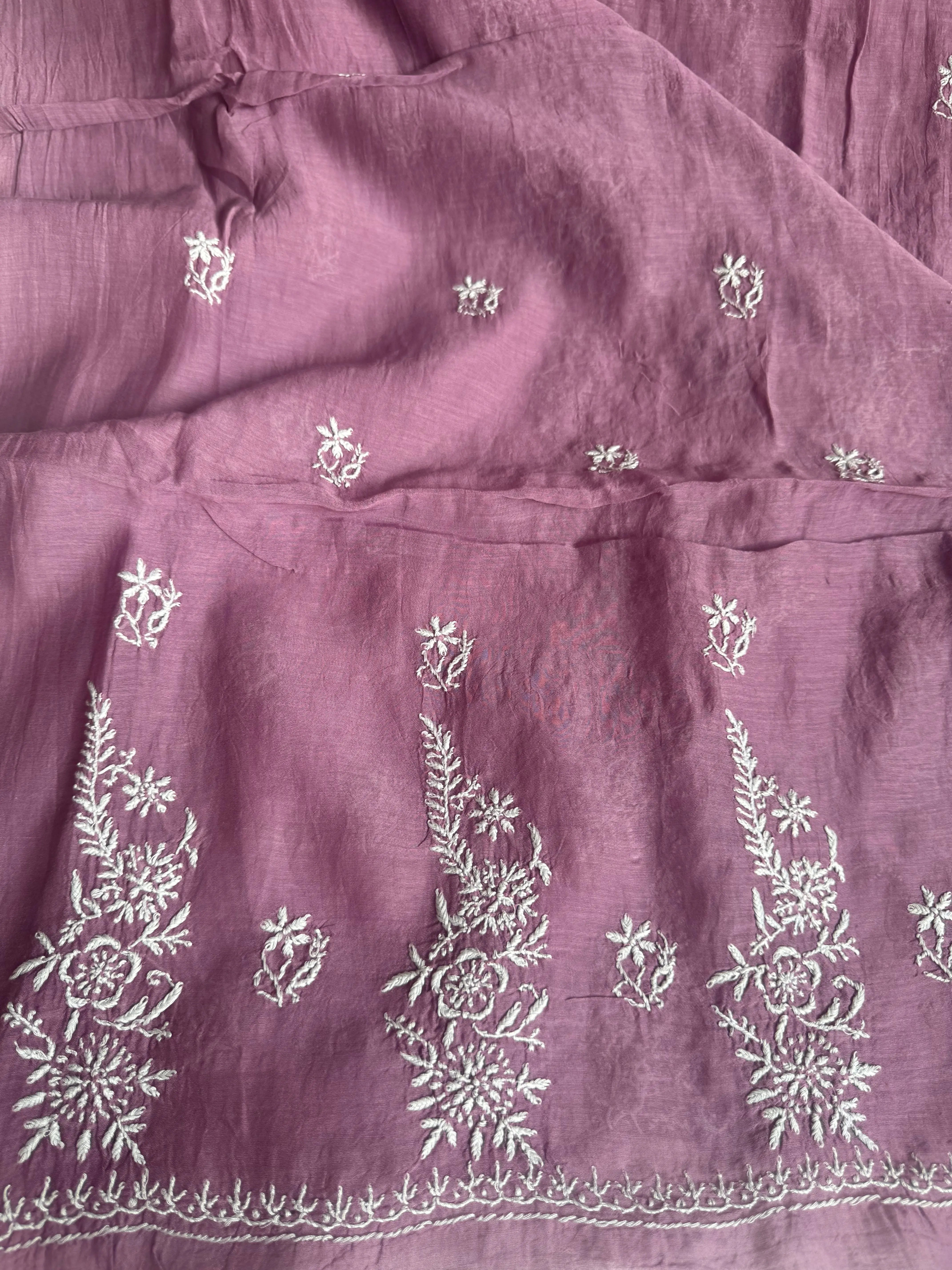 Mul Chanderi Chikankari Unstitched Length with Dupatta - Purple ARIAA CHIKANKARI