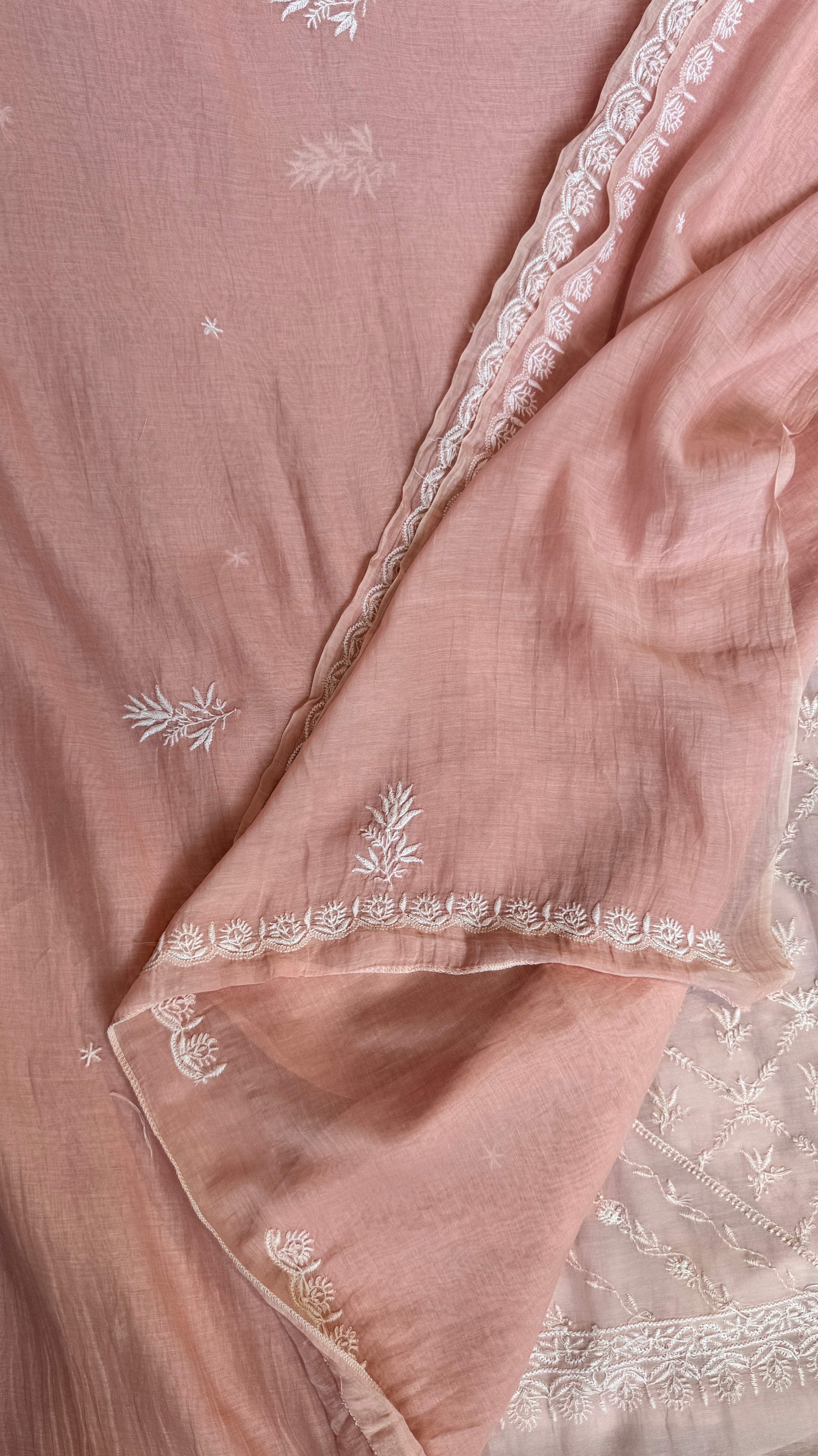 Pure Mul Chanderi Chikankari saree in Pale Pink
