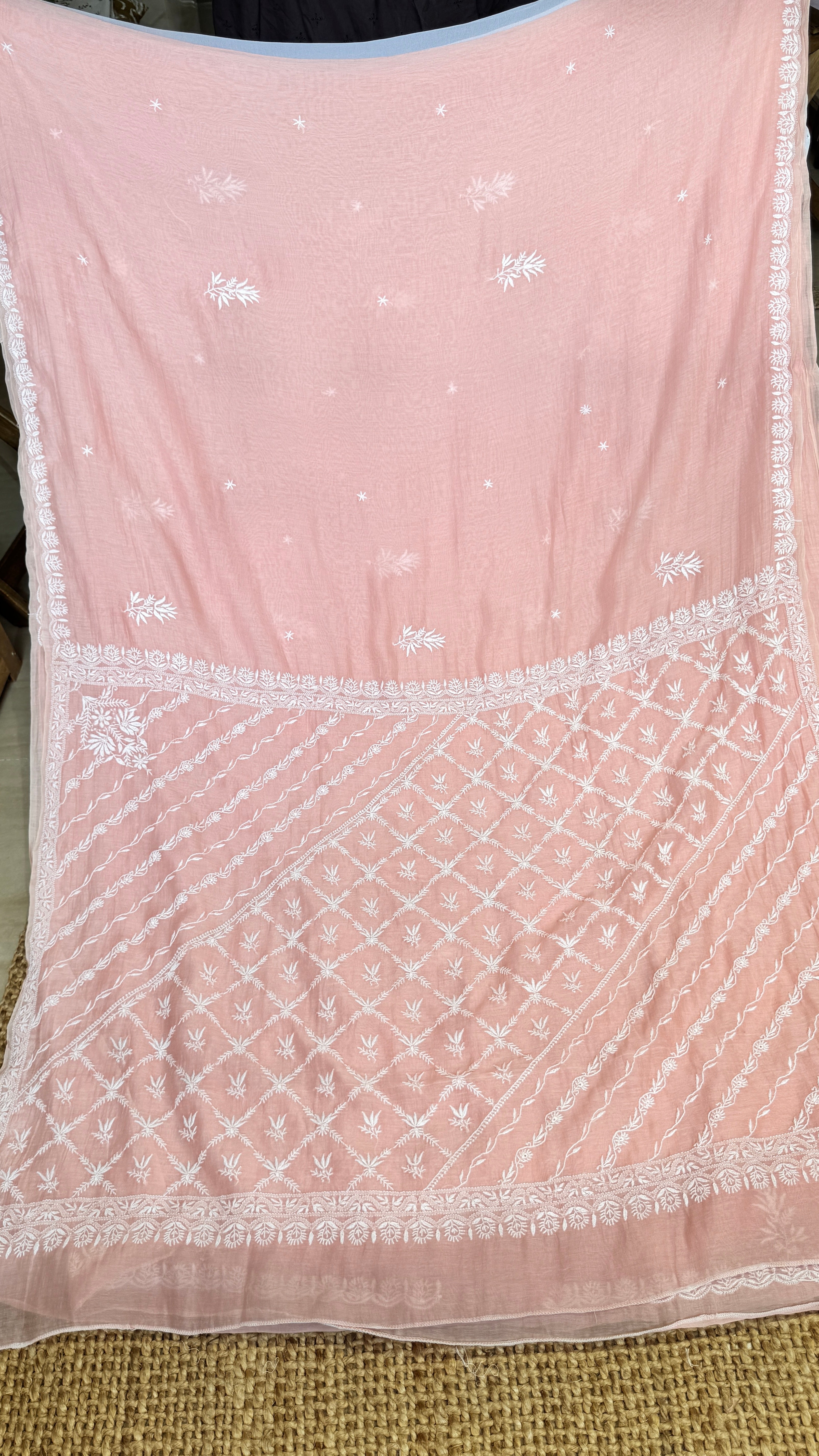 Pure Mul Chanderi Chikankari saree in Pale Pink