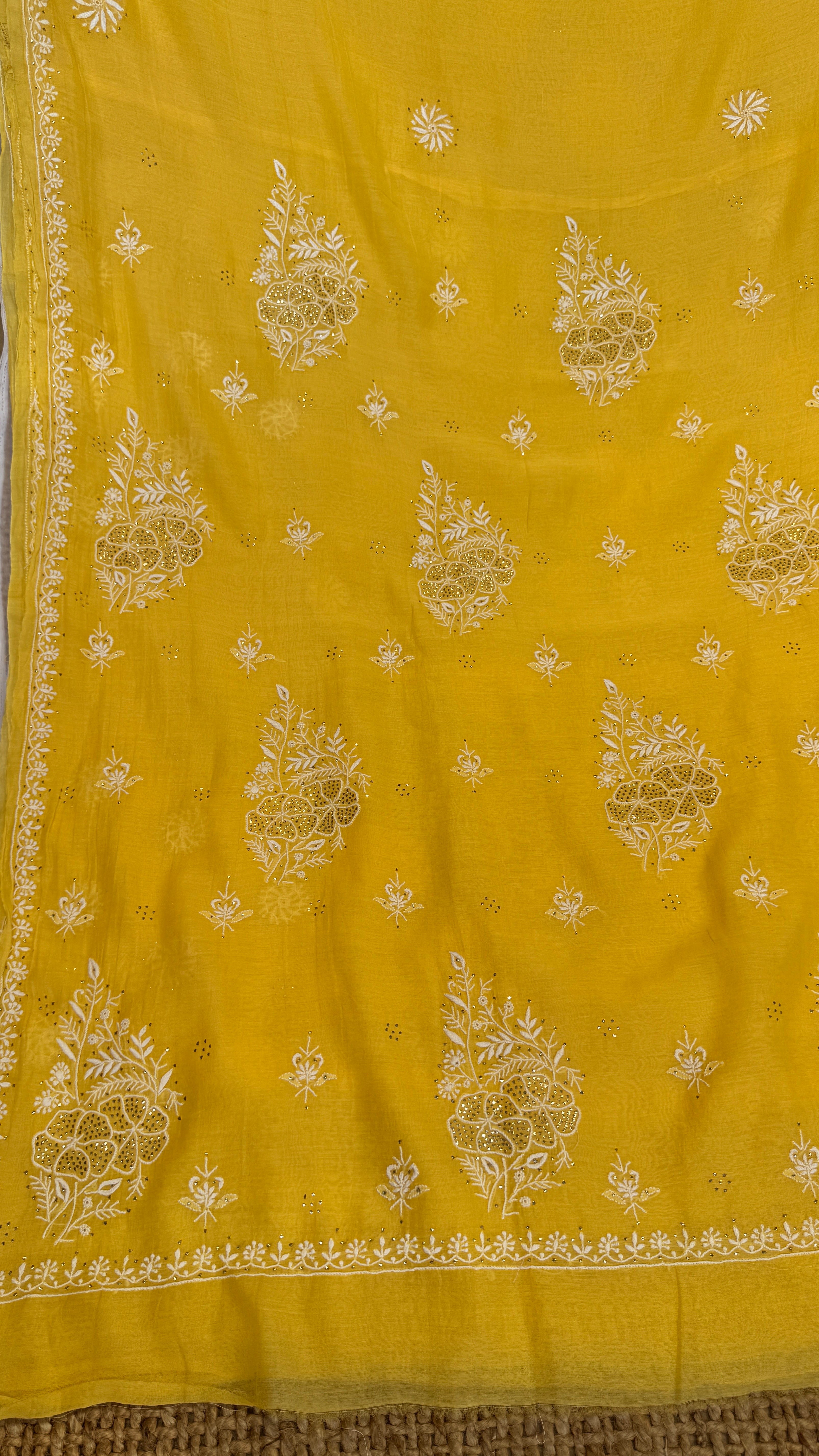Pure Mul Chanderi Chikankari saree in Yellow with Mukaish work