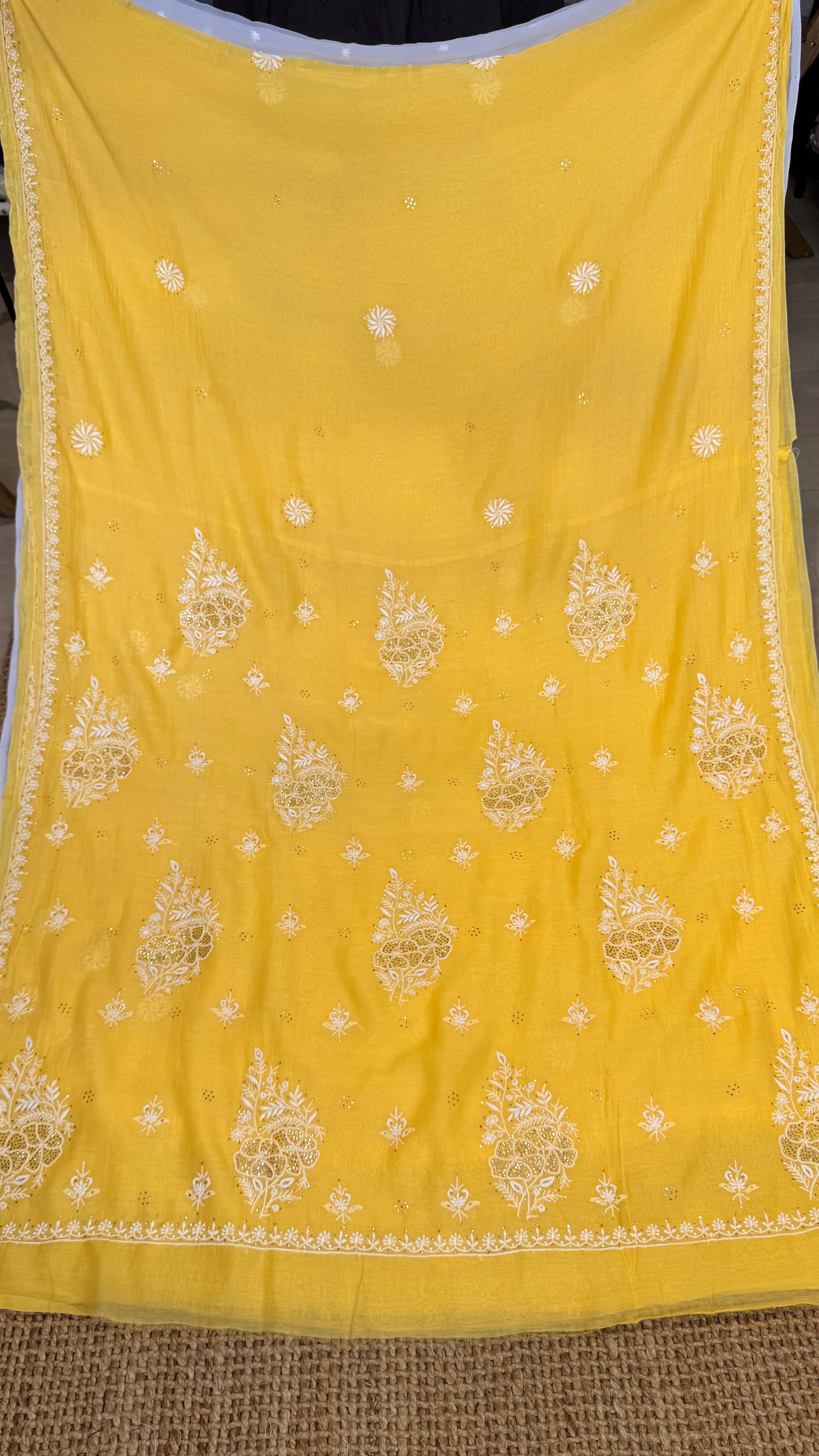 Pure Mul Chanderi Chikankari saree in Yellow with Mukaish work