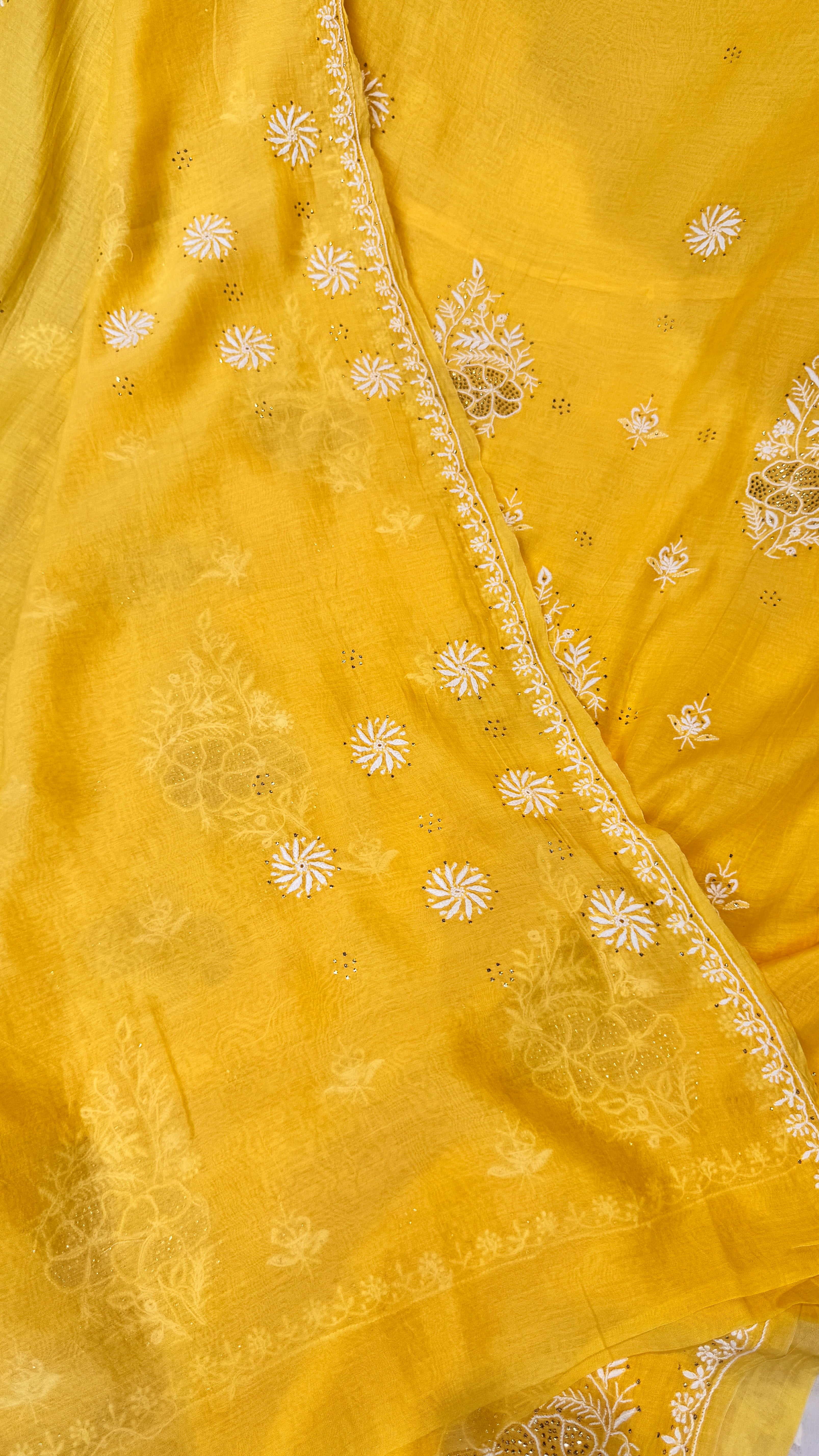 Pure Mul Chanderi Chikankari saree in Yellow with Mukaish work