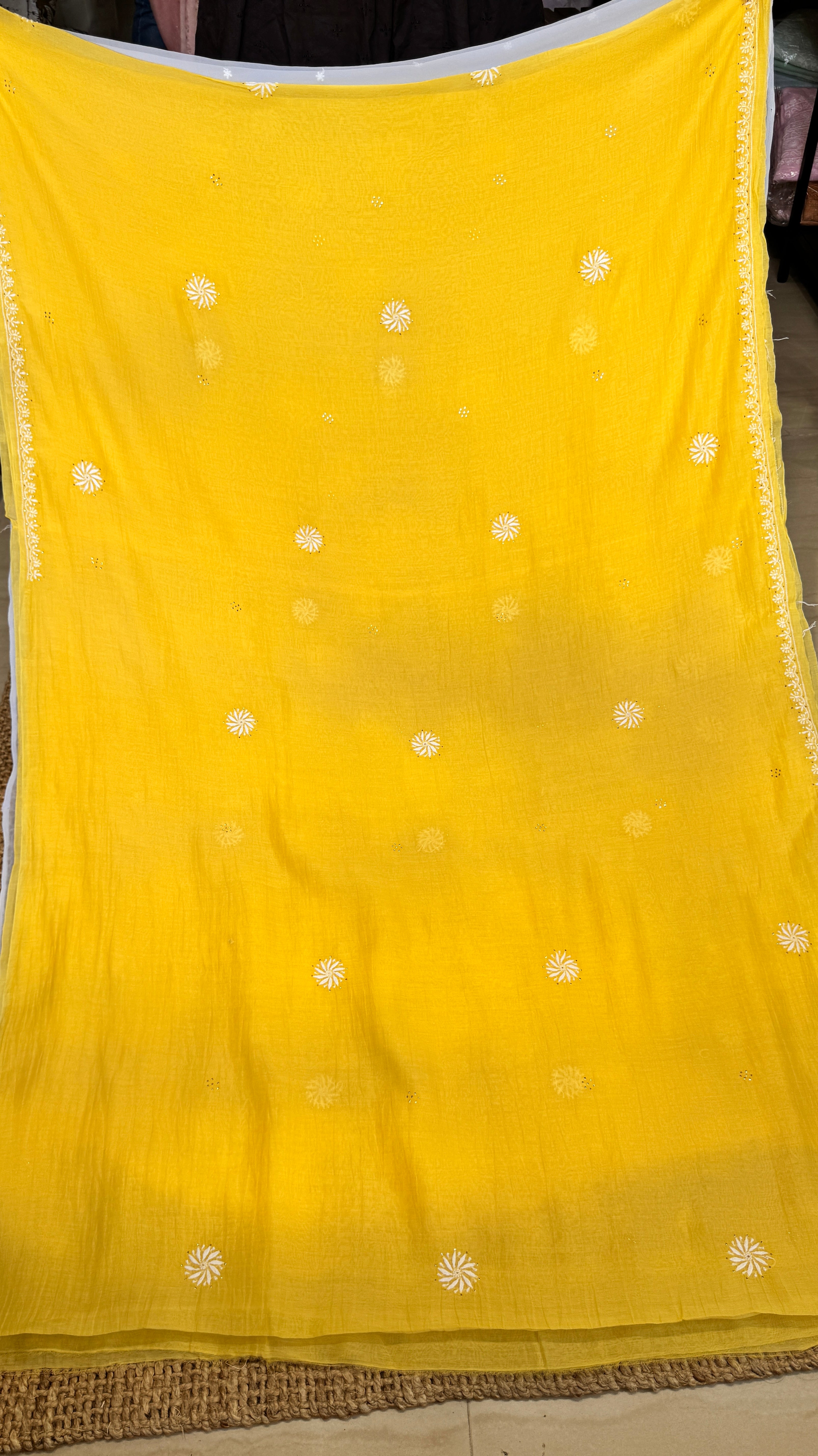 Pure Mul Chanderi Chikankari saree in Yellow with Mukaish work