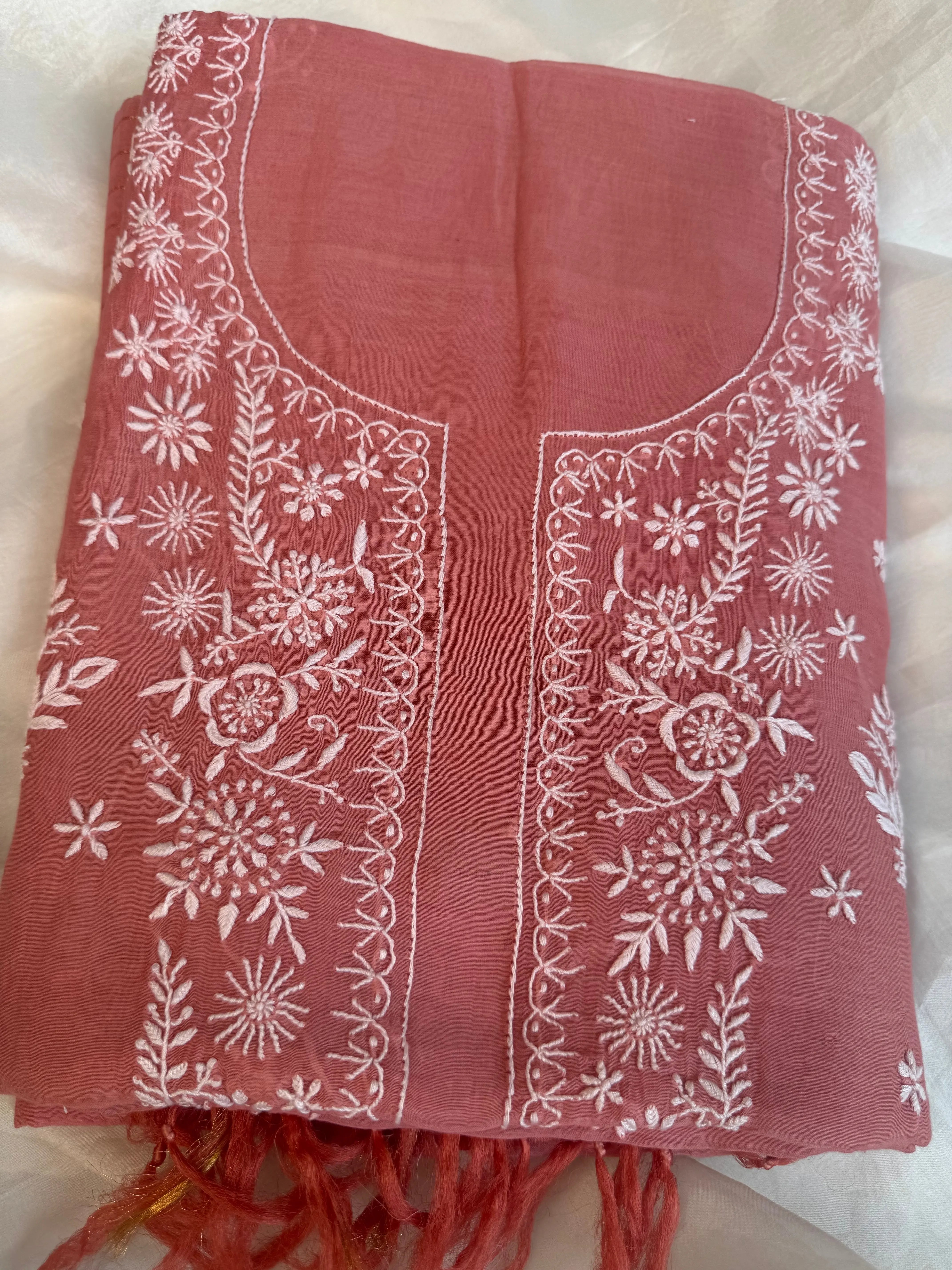 Mul Chanderi Chikankari Unstitched Length with Dupatta - Rosewood ARIAA CHIKANKARI