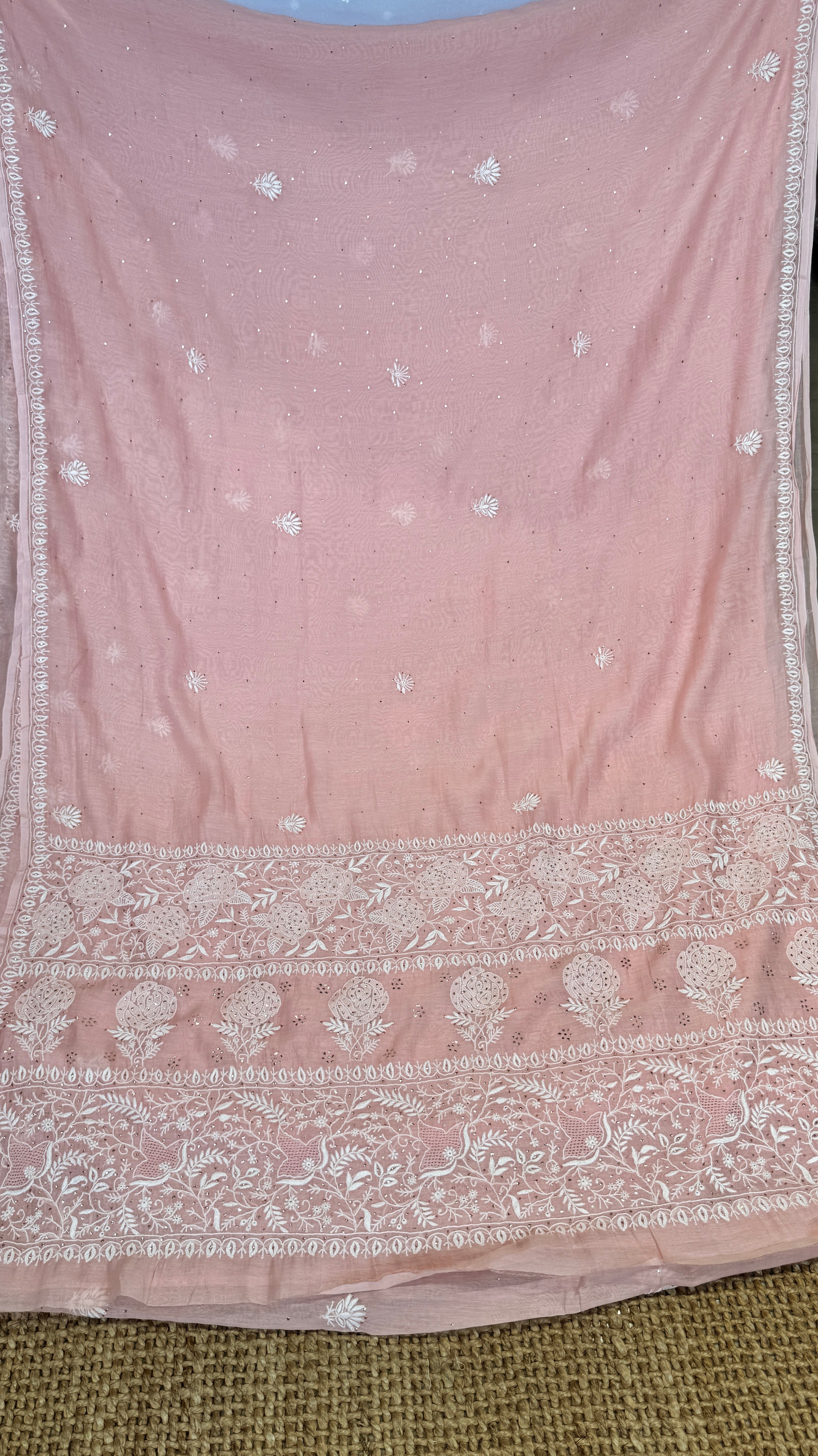 Pure Mul Chanderi Chikankari saree in Pale Pink with Mukaish work
