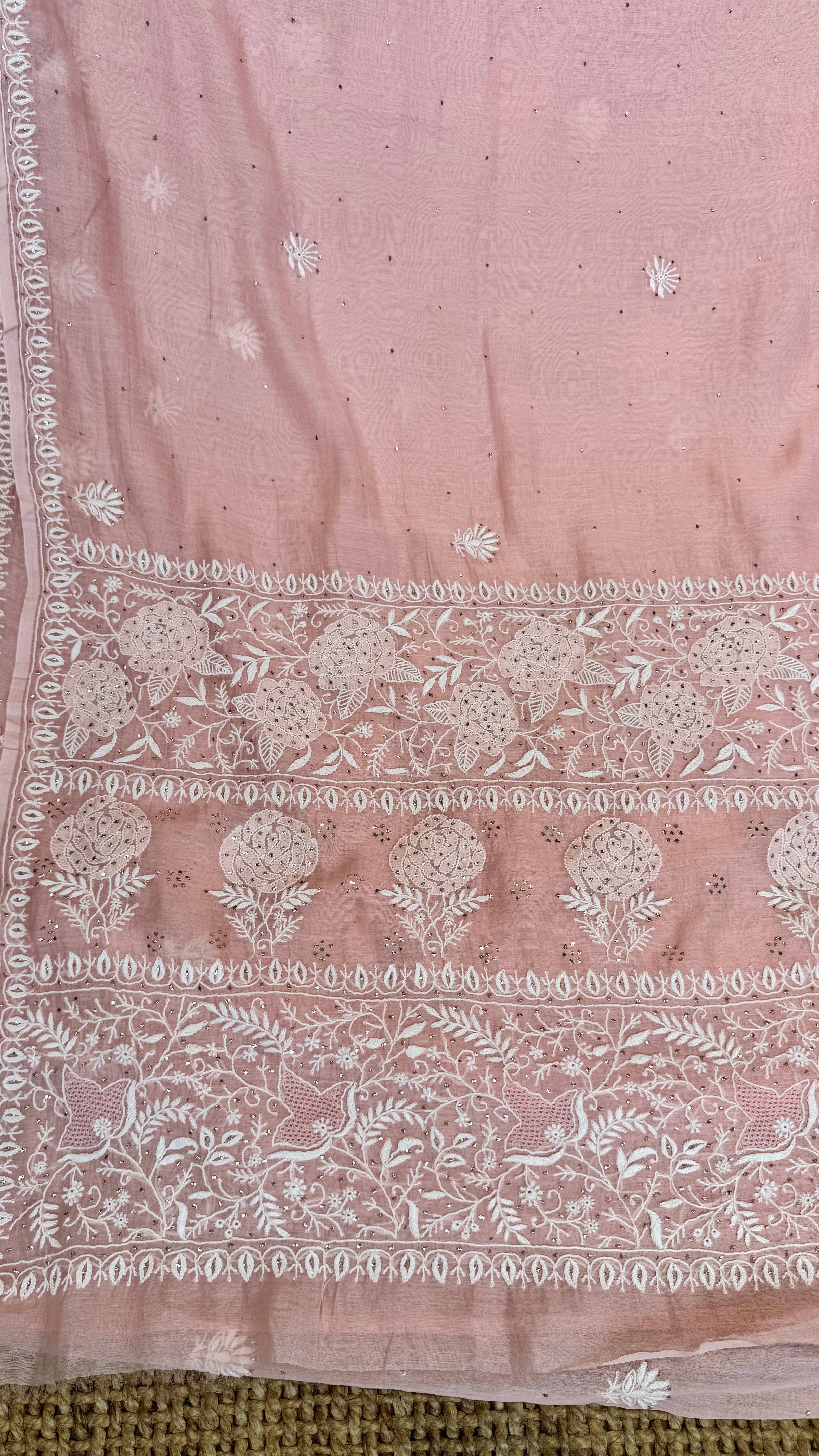 Pure Mul Chanderi Chikankari saree in Pale Pink with Mukaish work