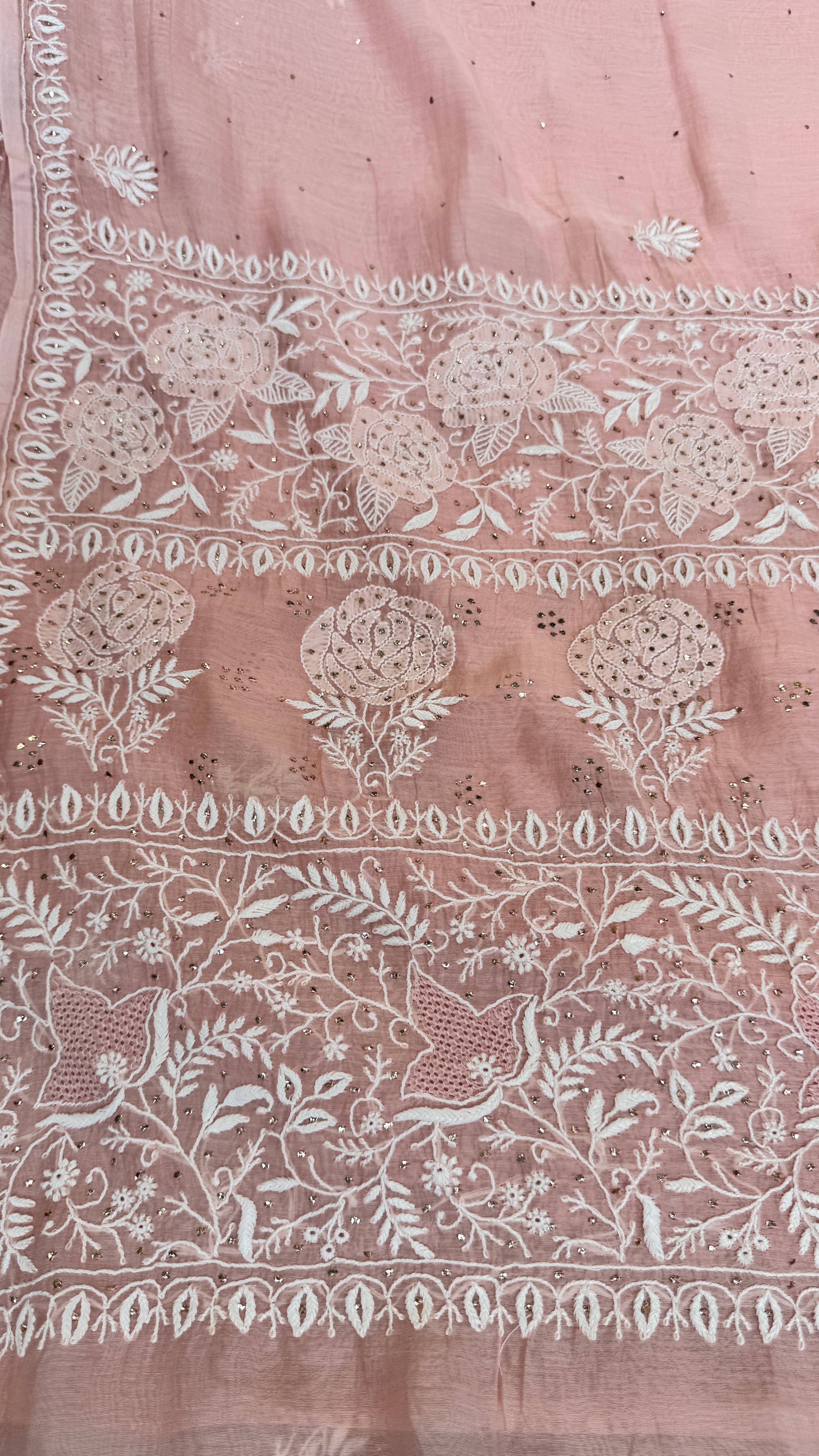 Pure Mul Chanderi Chikankari saree in Pale Pink with Mukaish work